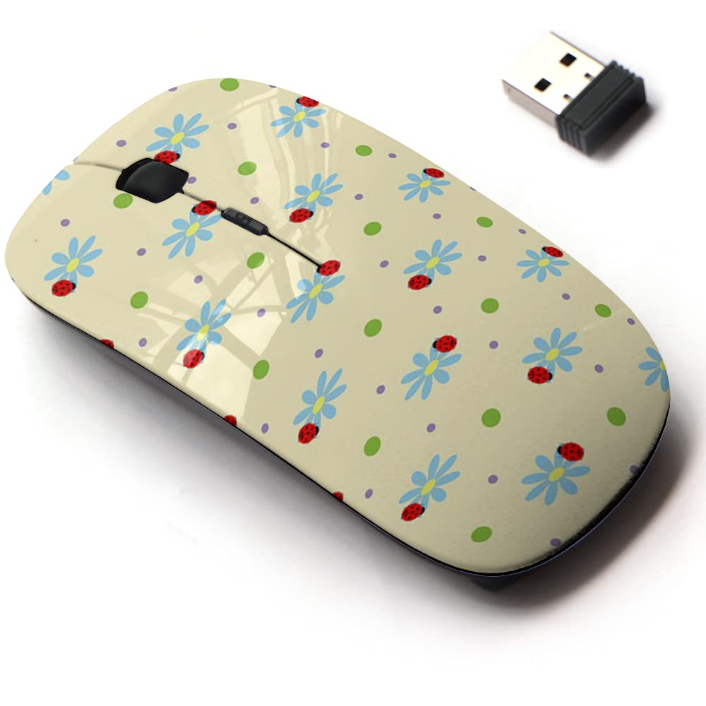 2.4G Wireless Mouse with Cute Ladybug Flower Pattern - Ergonomic Optical Mouse for Laptop & Desktop Computers - Includes Nano USB Receiver - Perfect for Office, Home & Travel Use
