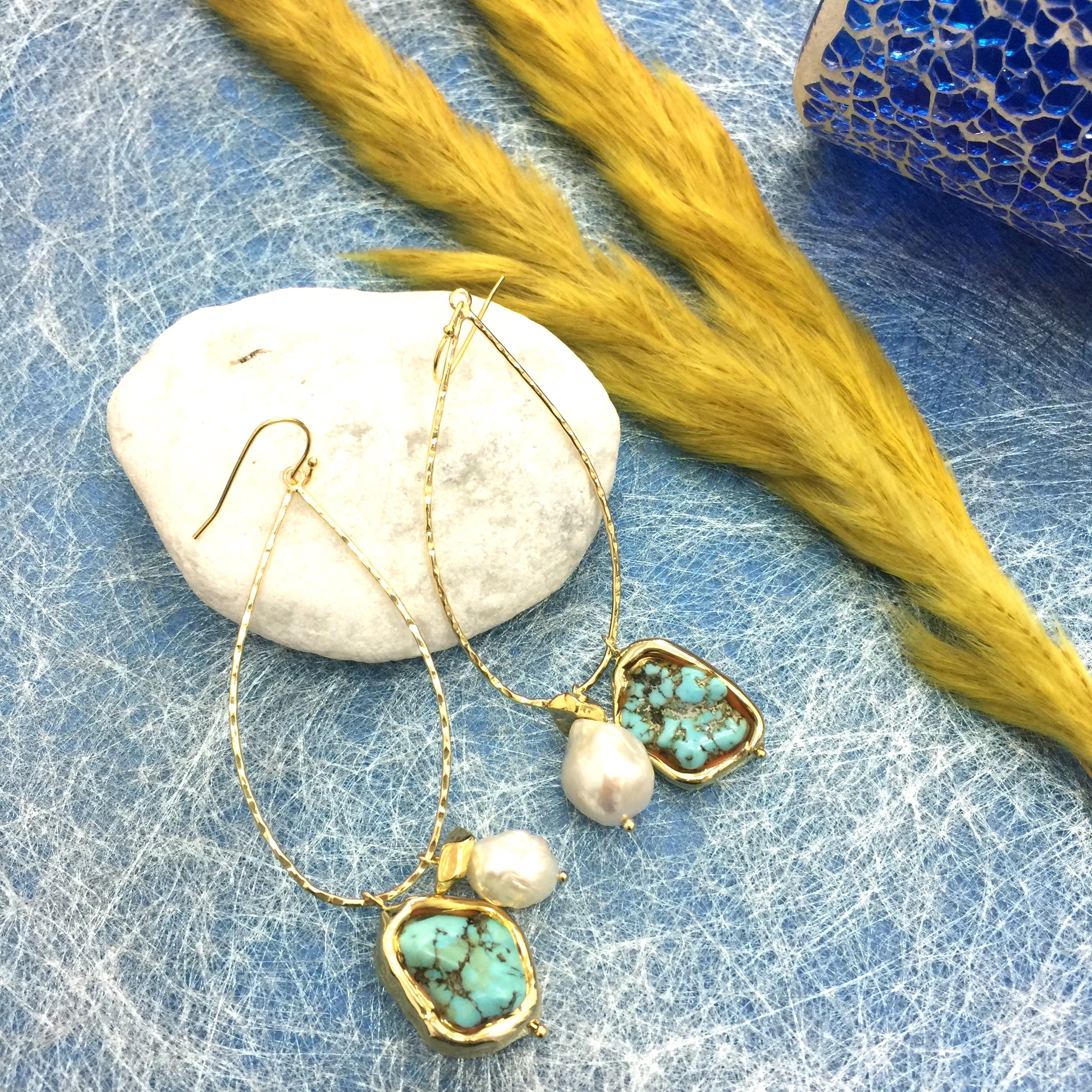 Elegant Turquoise & Freshwater Pearl Dangle Earrings AE025 - Perfect for Weddings, Parties & Special Occasions