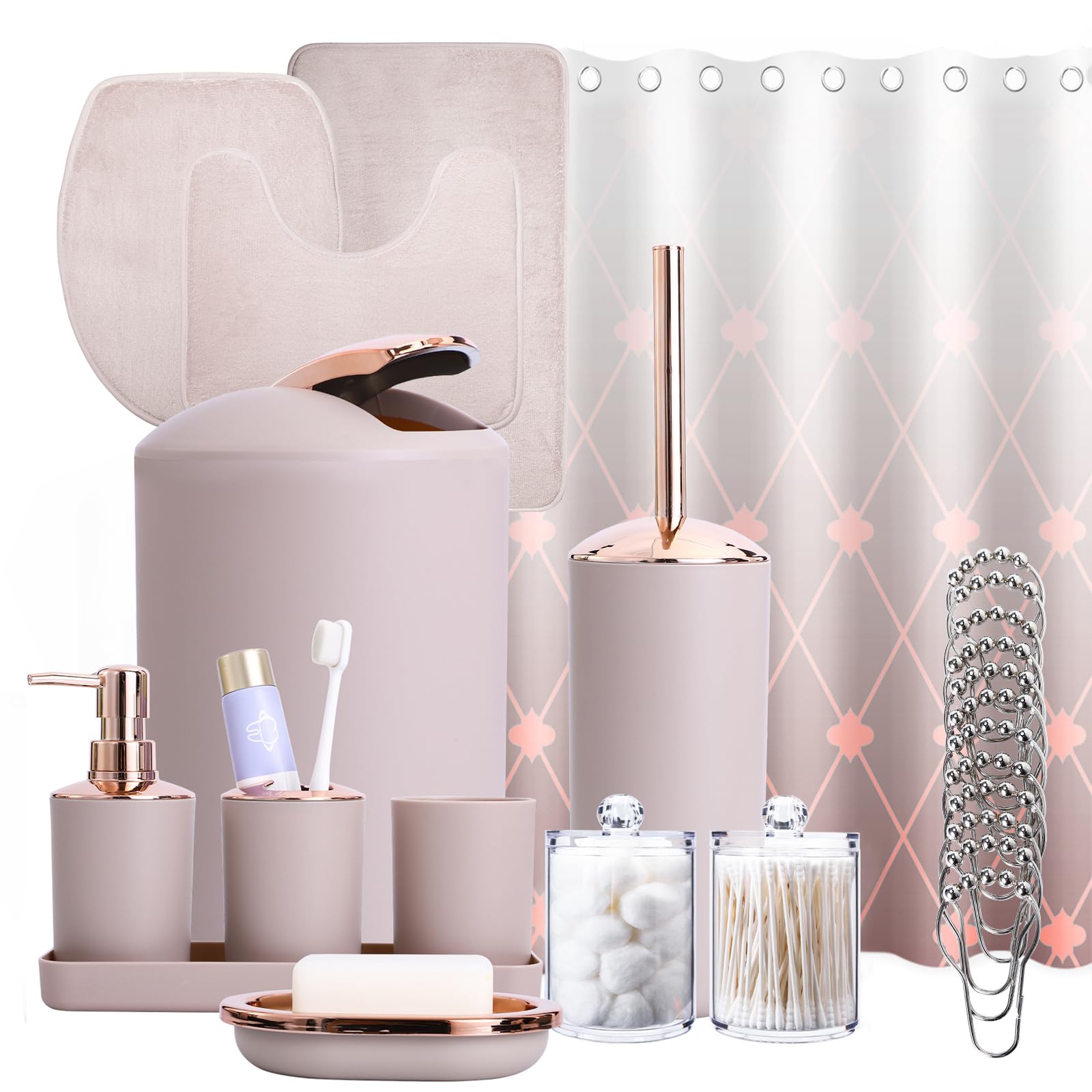 25-Piece Beige Bathroom Set with Shower Curtain, Rugs & Accessories - Toilet Brush, Soap Dispenser, Toothbrush Holder, Waste Bin | Modern Spa-Style Decor for Bathroom, Guest Room & Apartment