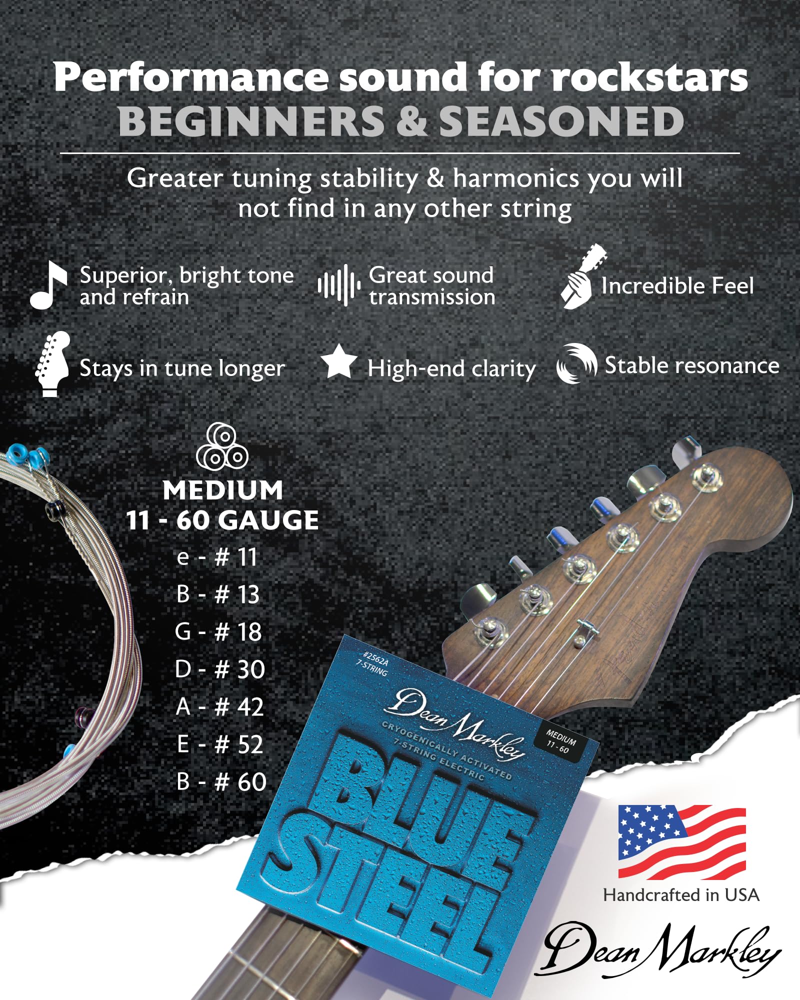 DEAN MARKLEY 2562A Blue Steel Electric Guitar Strings - 7-Piece Set | Cryogenically Treated for Extended Durability, Enhanced Performance & Superior Tone | Made in USA (11-60 Gauges) | Perfect for Rock, Blues & Live Performances