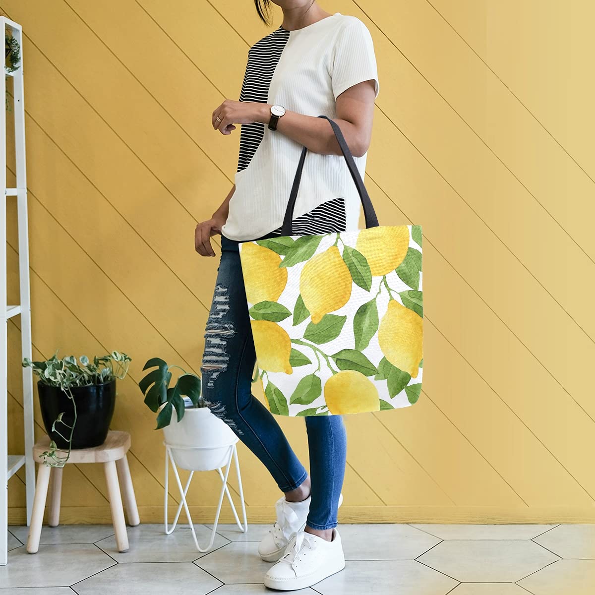 SUABO Large Lemon Print Canvas Tote Bag for Women - Reusable Casual Shoulder Handbag, Eco-Friendly Grocery Shopping Bag for Beach, Market & Daily Use