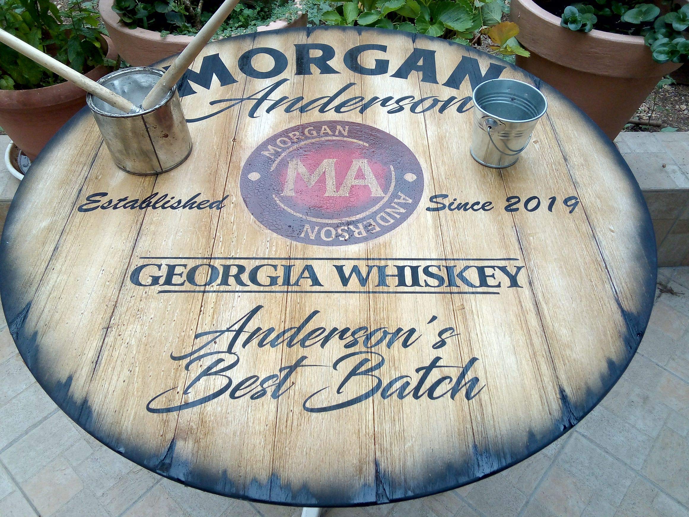 Personalized Wooden Table Top from Whiskey & Wine Barrel Lids - Custom Rustic Home Bar Furniture for Men (16/20/24/30/36/40/42/46 Inch) - Perfect for Man Caves, Living Rooms & Unique Gift Ideas