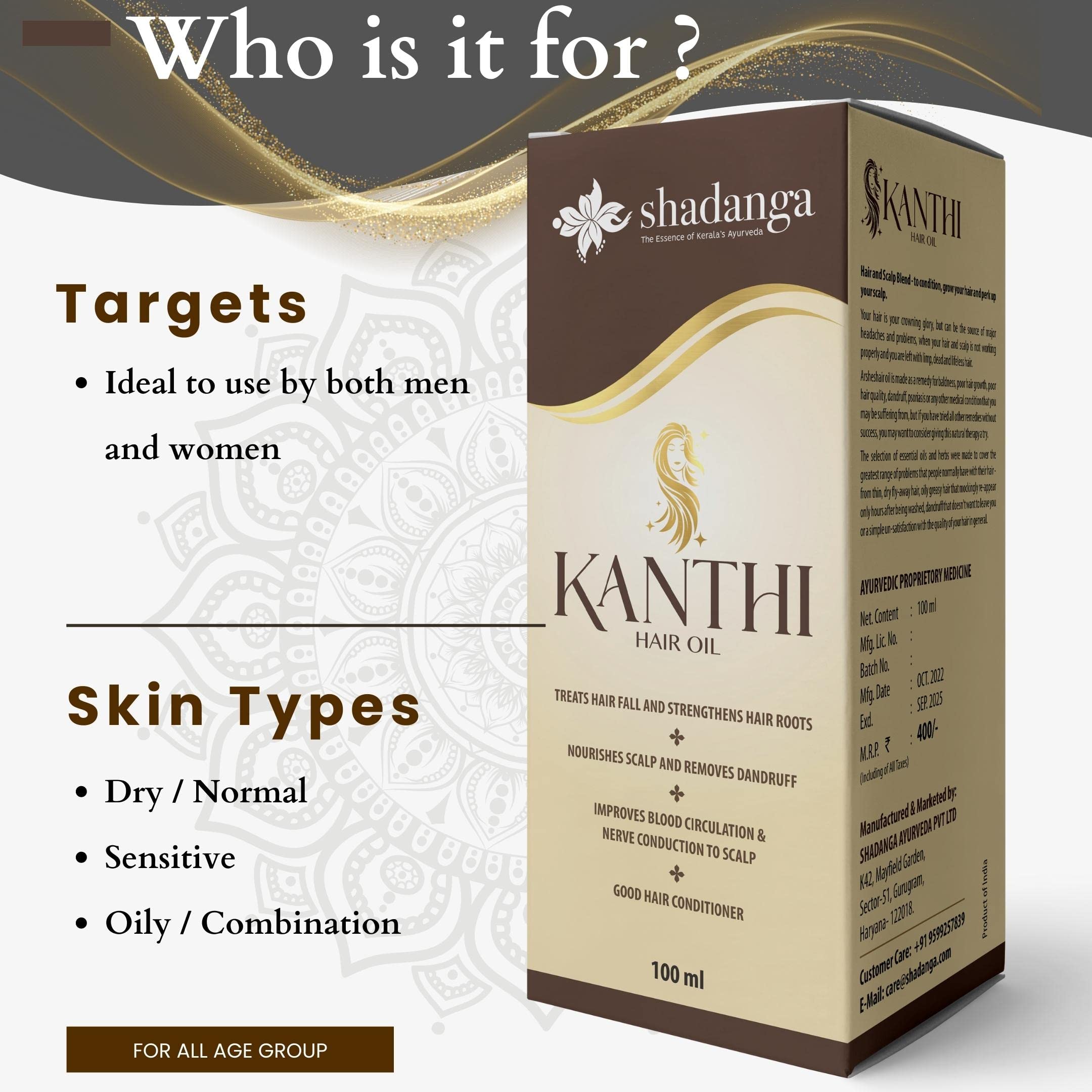 Shadanga Kanti Ayurvedic Hair Oil - 100ml | Natural Remedy for Hair Fall Control, Dandruff Treatment & Hair Growth | Nourishes Scalp, Strengthens Roots | Improves Blood Circulation & Nerve Health | Perfect for Daily Hair Care & Scalp Massage at Home