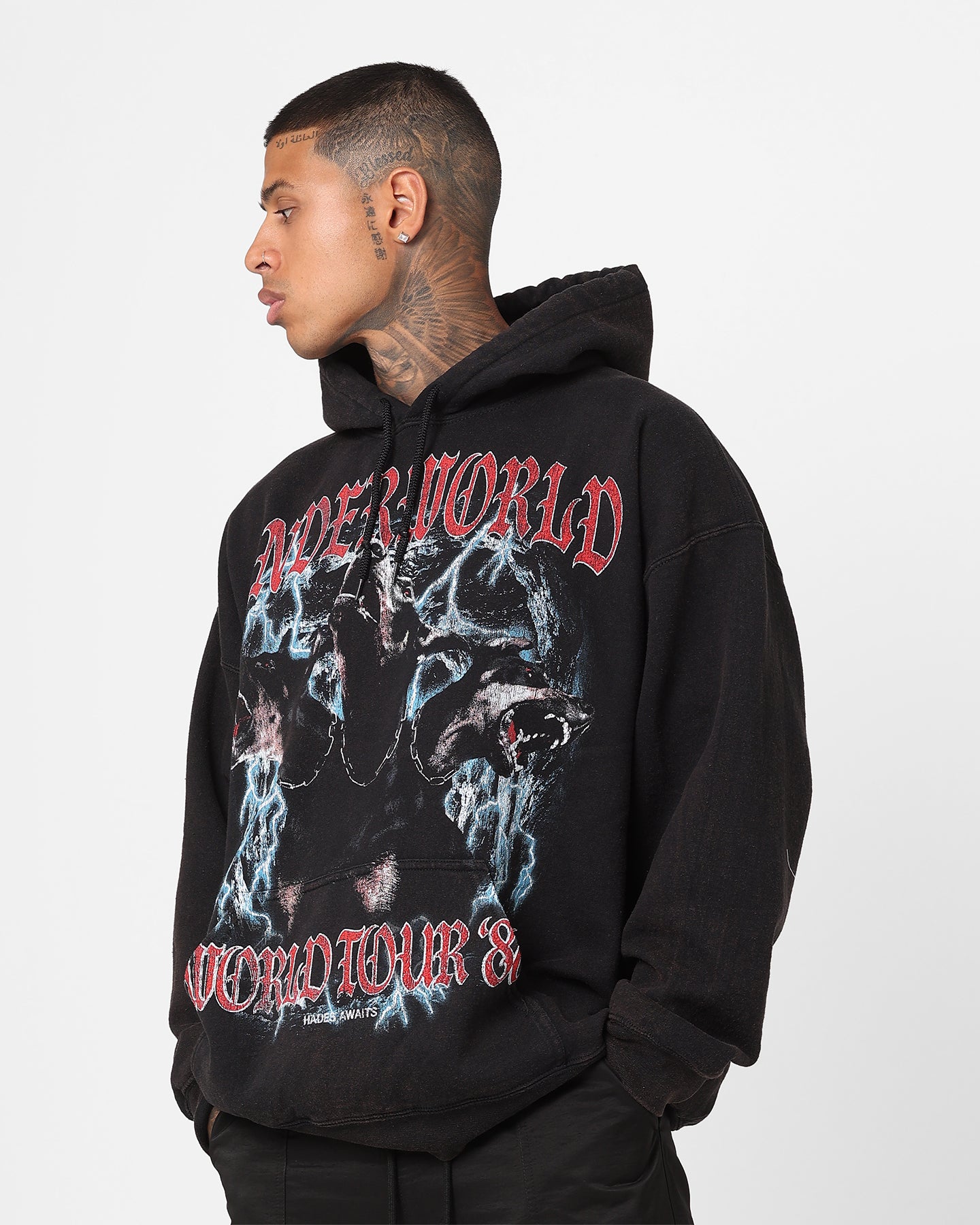 Vintage American Thrift Underworld Tour Hoodie - Distressed Black Wash | Streetwear Fashion for Concerts & Urban Style