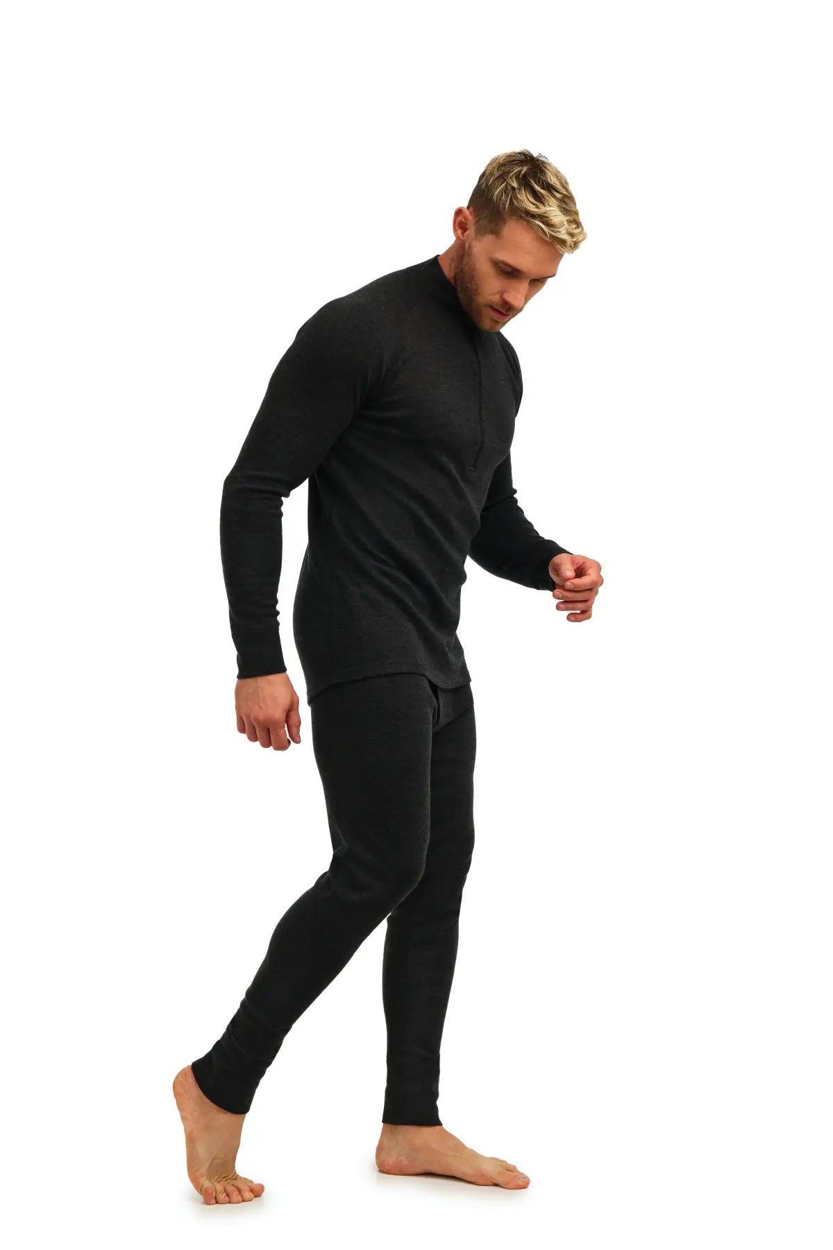 Men's Merino Wool Thermal Underwear Set with Zip - 320 GSM Charcoal Grey for Winter Hiking & Outdoor Activities