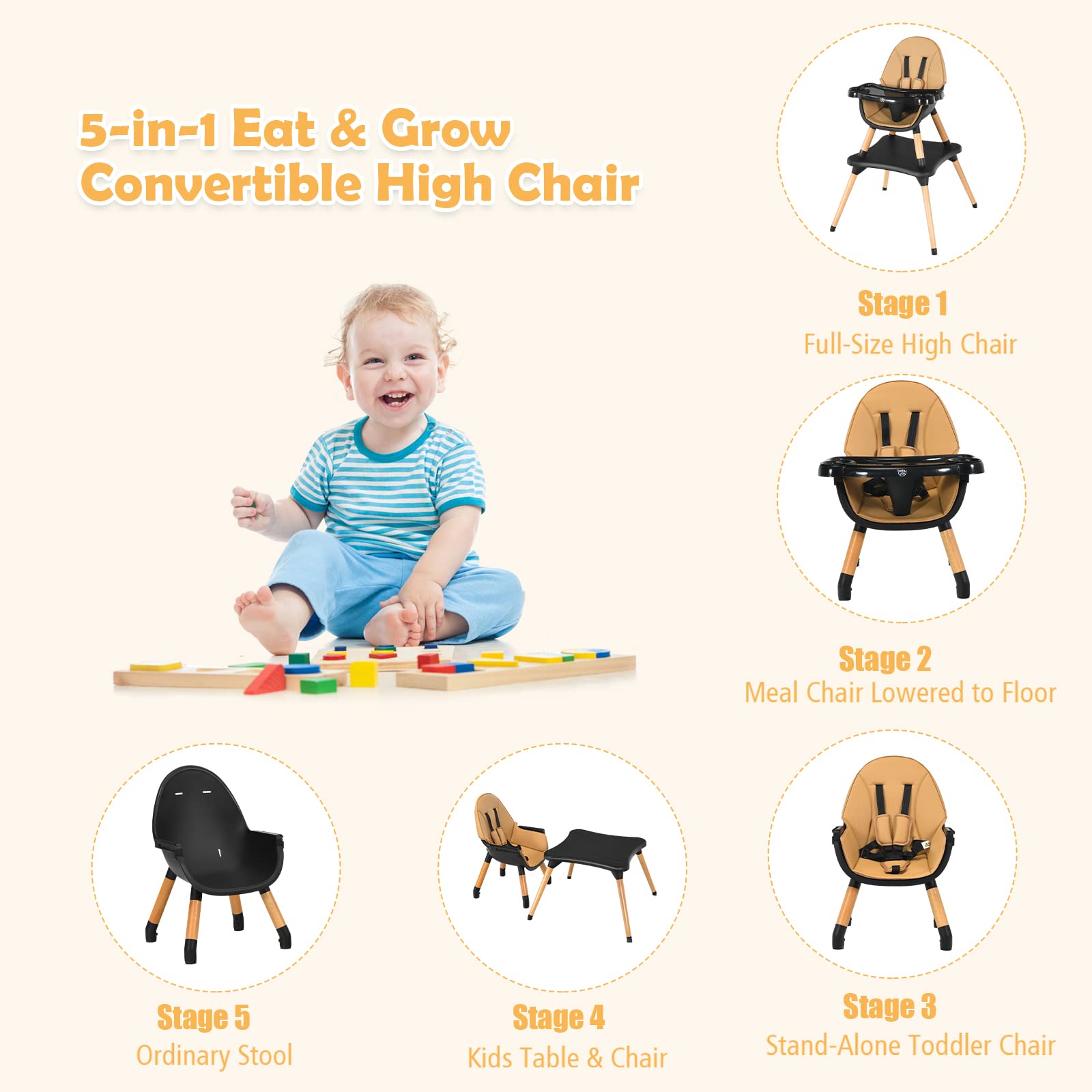 INFANS 5-in-1 Convertible Baby High Chair with Safety Harness - Adjustable Wooden Booster Seat & Toddler Dining Chair with Removable Tray & Easy-Clean Cushion - Perfect for Feeding, Playtime & Learning (Brown)