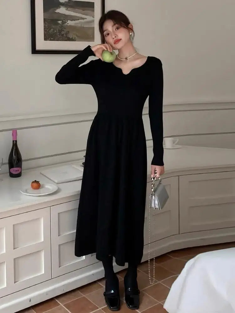 Elegant V-Neck Long Sleeve Slim Knit Pleated Dress for Women | Autumn Winter Solid Casual A-Line Sweater Dress 2023 | French Simple Style for Office, Party & Date Night