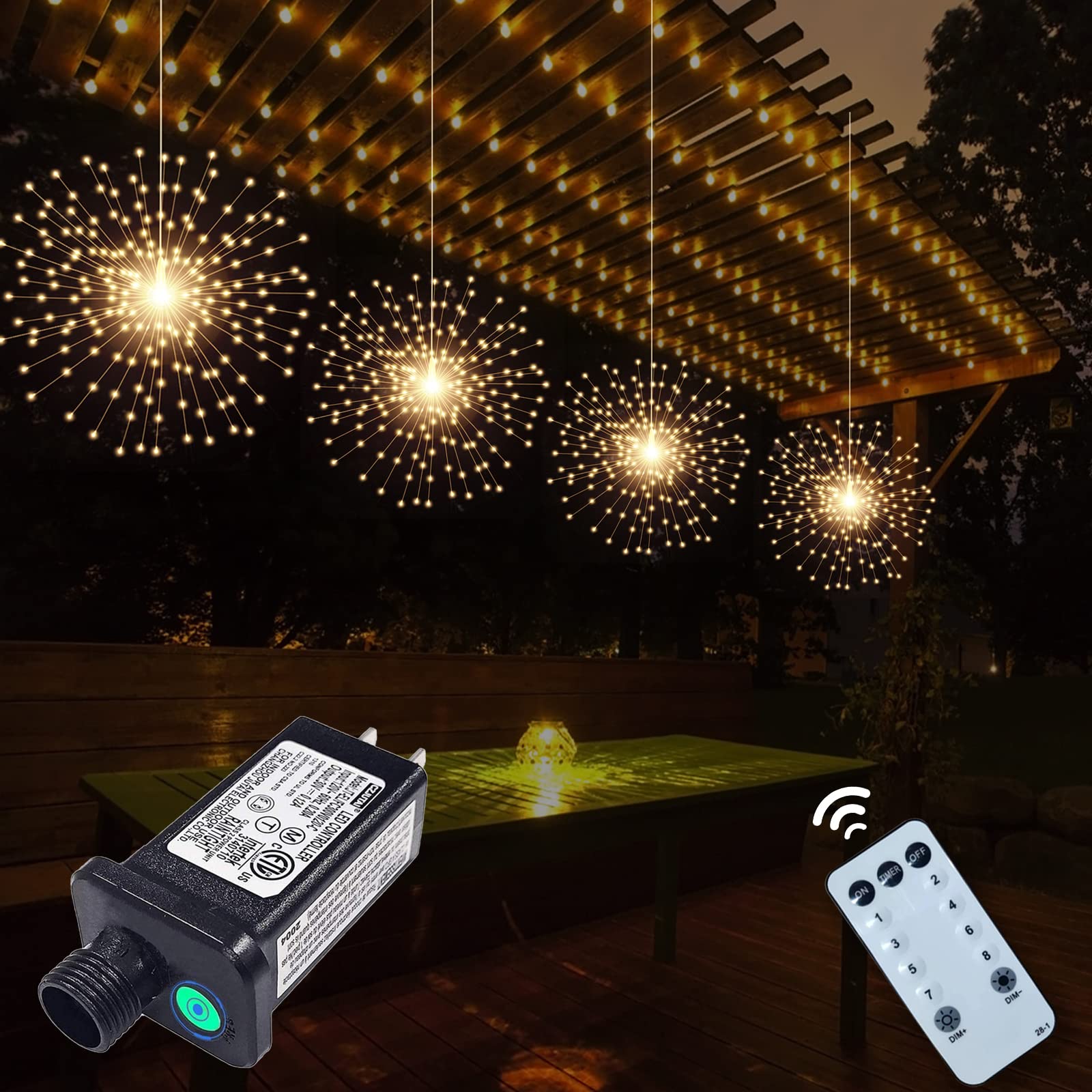 4 Pack 800 LED Plug-in Starburst Sphere Lights - Firework Lights with 8 Modes, Dimmable Remote Control & Waterproof Design - Copper Wire Fairy Lights for Patio, Garden, Tent, Christmas, Wedding & Party Decorations (Warm White) - Perfect for Indoor/Outdoor Holiday Lighting & Special Events
