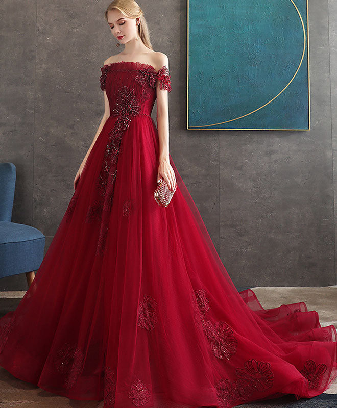 Elegant Burgundy Tulle Lace Long Prom Dress - A-Line Evening Gown for Homecoming, Formal Dances & Special Occasions