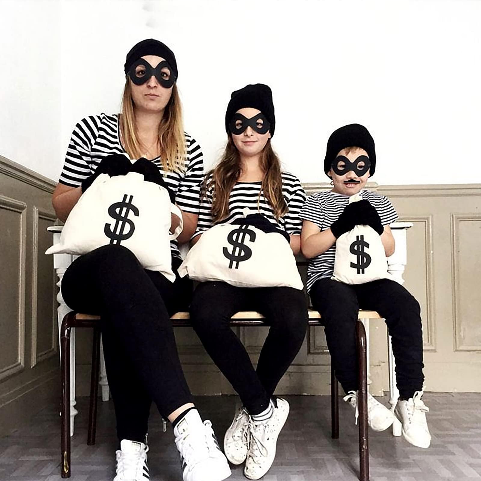 Canvas Money Bags with Drawstring - Bank Robber Props with Eyes & Mustache Masks for Halloween Cosplay, Themed Parties & Stage Performances
