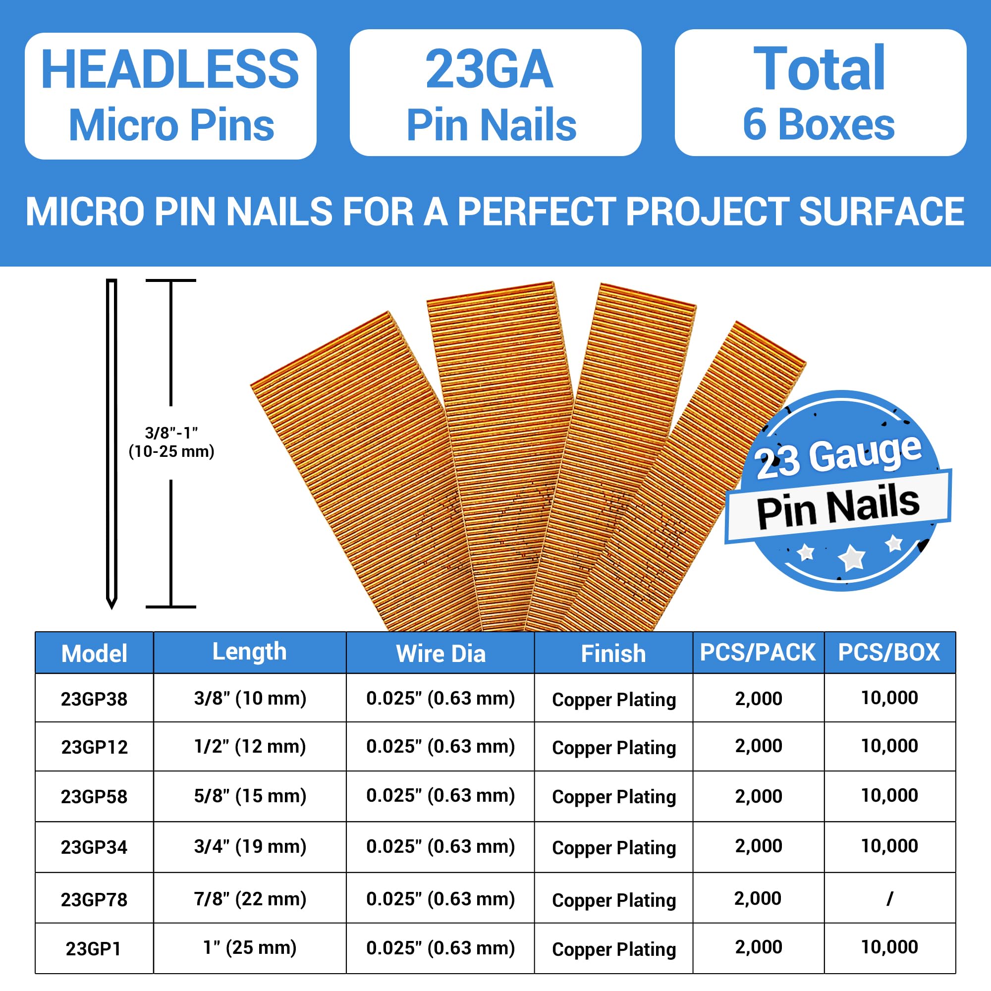 Meite 23 Gauge 5/8-Inch Headless Pin Nails for Pin Nailer - Copper Plated Brad Nails for Woodworking, Trim Work & Furniture Repair (6 Boxes) - Perfect for Crown Molding, Baseboards & Cabinet Installation