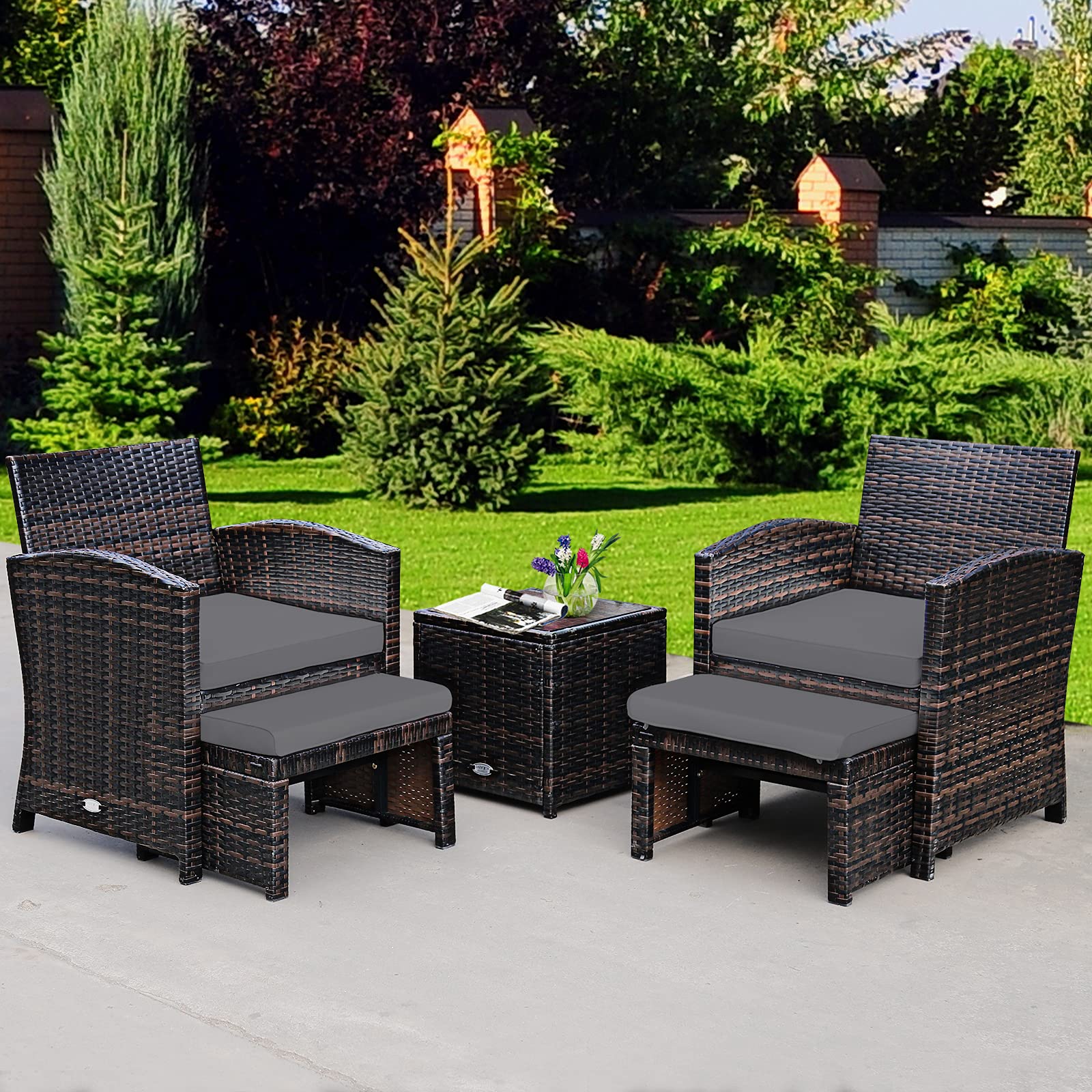 COSTWAY 5-Piece Patio Rattan Wicker Furniture Set with Cushioned Chairs, Ottoman & Side Table - Grey Outdoor Conversation Set for Backyard, Deck, Garden or Poolside Relaxation