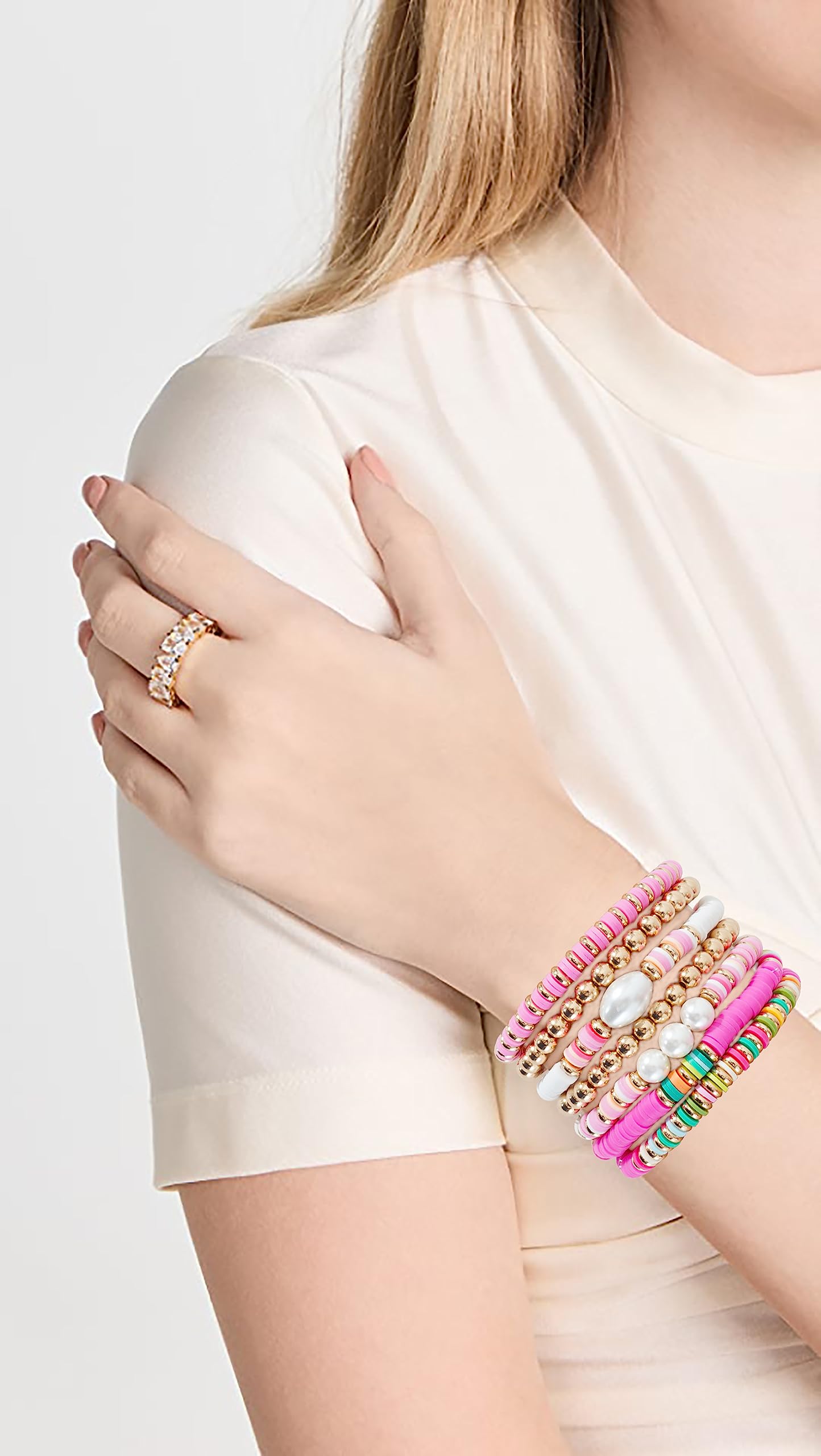 Stackable Gold Polymer Bead Stretch Bracelet Set for Women - Summer Surfer Heishi Layering Jewelry - Perfect for Beach Vacations, Boho Fashion & Everyday Wear