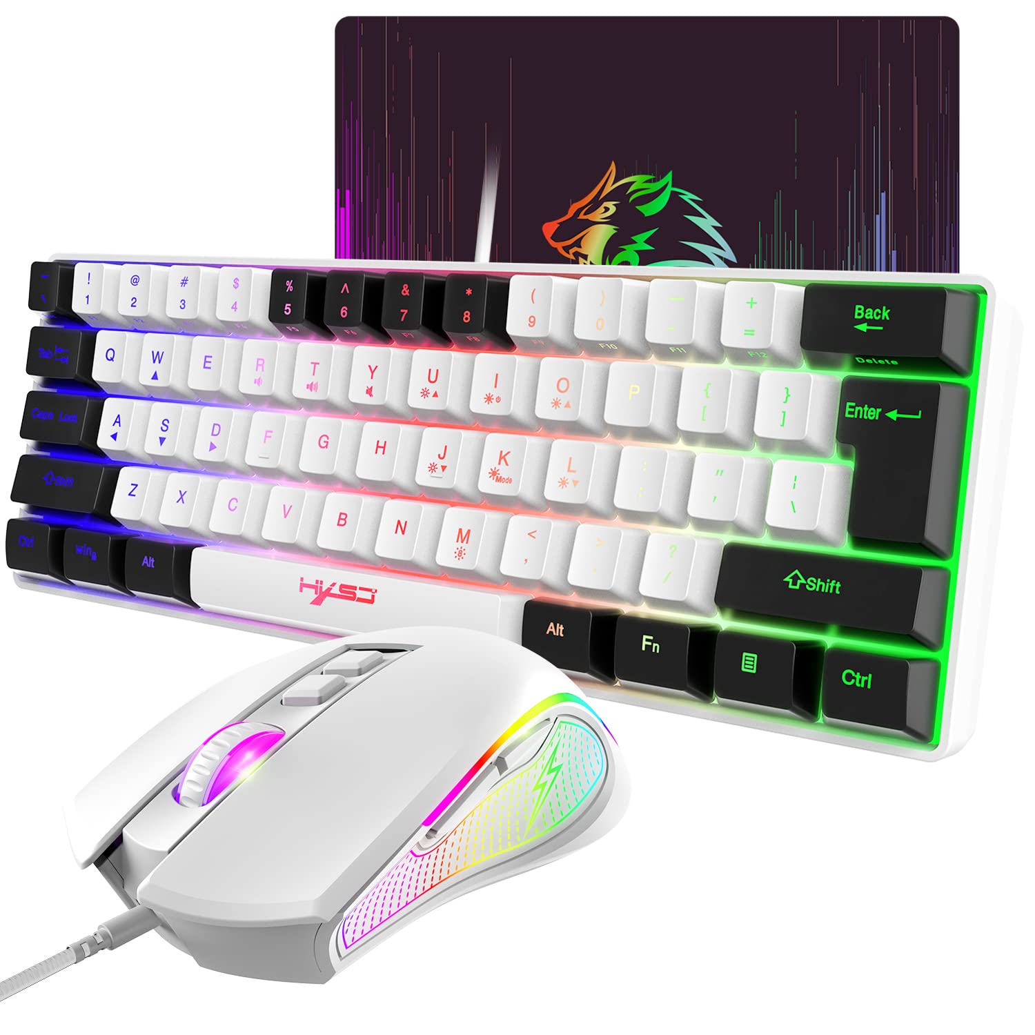 60% Mechanical Feel Gaming Keyboard and Mouse Combo with RGB Backlit, Wired USB for PC, Mac, PS4 - Includes Mouse Pad (White) - Perfect for Competitive Gaming, Office Work, and Home Entertainment