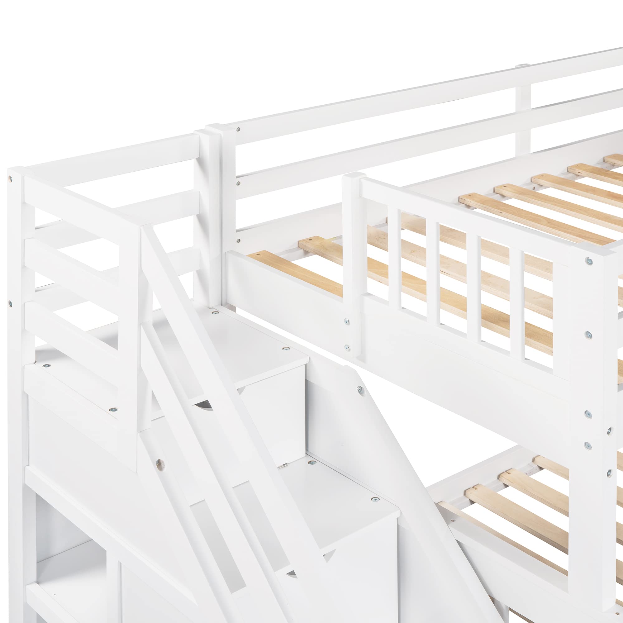 L-Shaped Triple Bunk Bed with Stairs & 3 Storage Drawers - Twin Over Full Bunk Bed with Loft - Solid Wood Bunk Bed Frame for Kids, Teens & Adults - Space-Saving Bedroom Furniture (White) | Perfect for Small Rooms, Shared Kids' Bedrooms & Vacation Homes