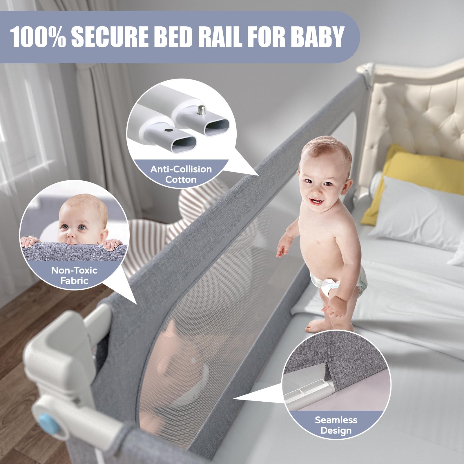 **Upgraded Adjustable Height Toddler Bed Rail Guard - Safety Bedside Rail for Twin/Full/Queen/King Size Beds (74
