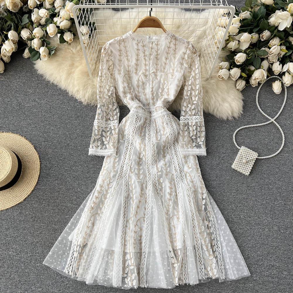 Elegant Long Sleeve Mesh Embroidery A-Line Dress for Women - Perfect for Fall/Winter, Parties & Special Occasions