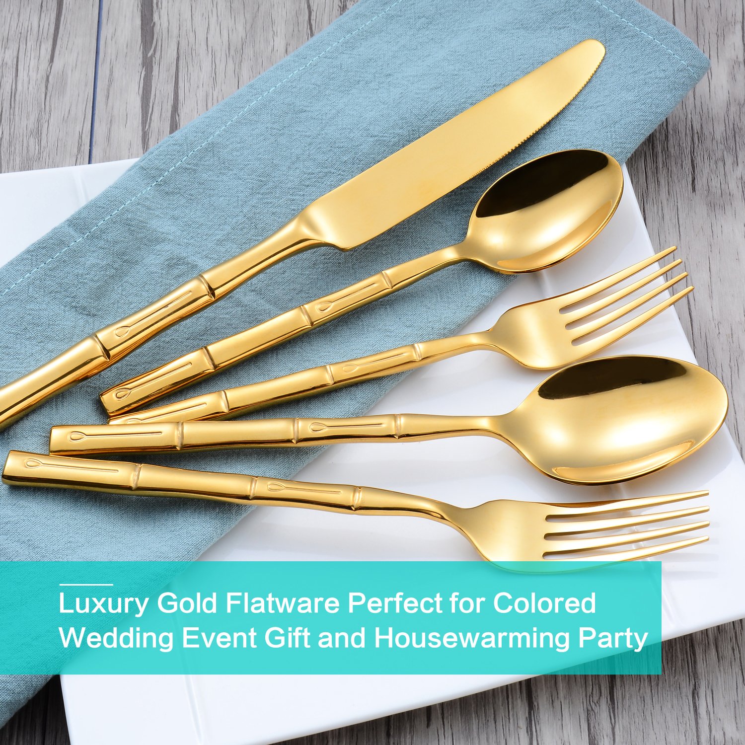 Premium 40-Piece Gold & Silver Flatware Set - Stainless Steel with Bamboo Handle - Mirror Polished Cutlery for 8 - Perfect for Home, Kitchen, Restaurant, Hotel, Wedding & Housewarming Gifts - Elegant Table Setting for Dinner Parties & Special Occasions