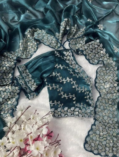 Teal Blue 1 Minute Organza Silk Ready-Made Saree with Blouse - UK Next Day Delivery | Perfect for Weddings, Parties & Special Occasions