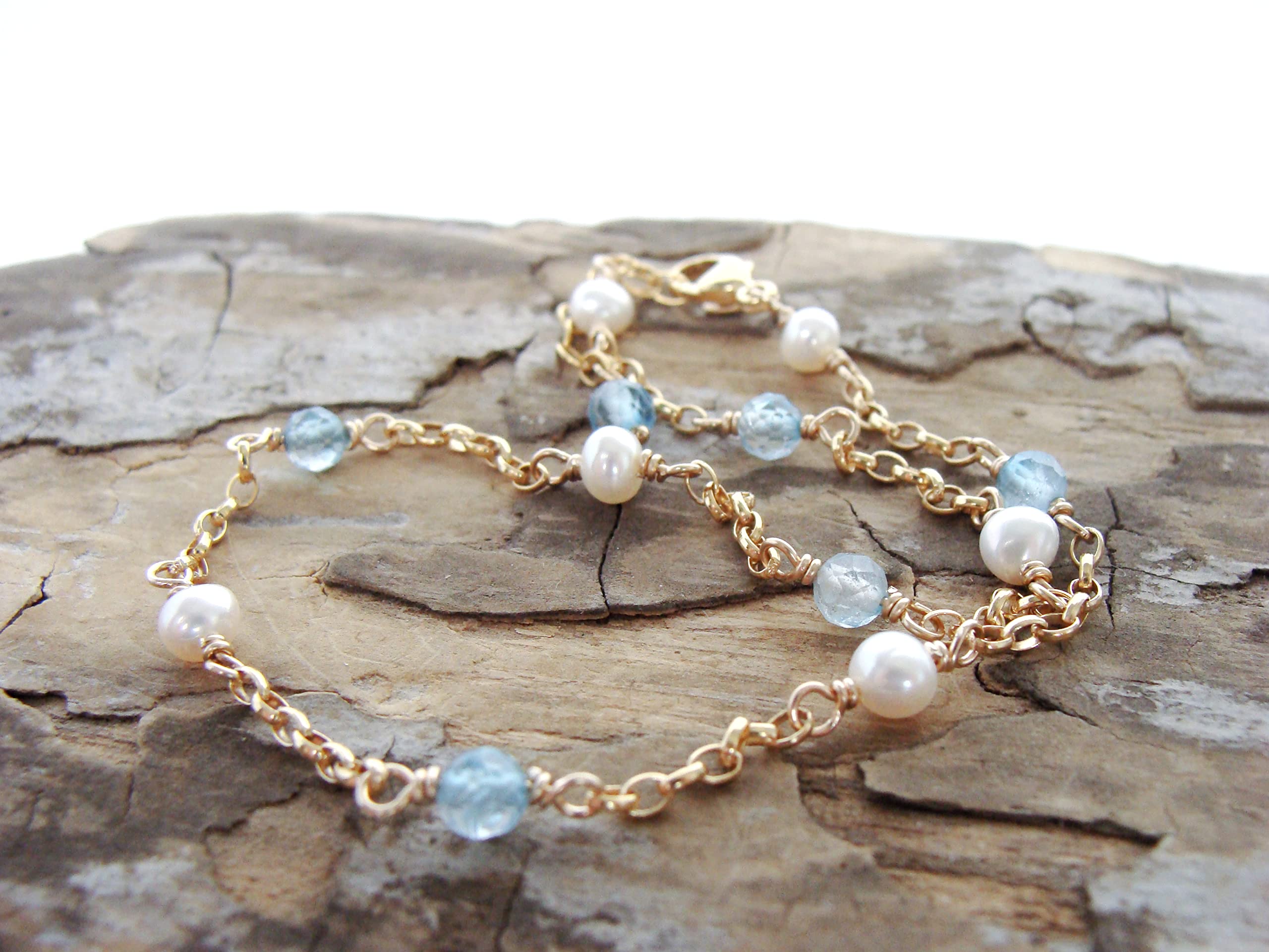 Gold Blue Topaz Pearl Anklet - Adjustable Gold-Filled Handmade Jewelry with Genuine Gemstones | Perfect for Weddings, Beach Vacations & Boho Fashion
