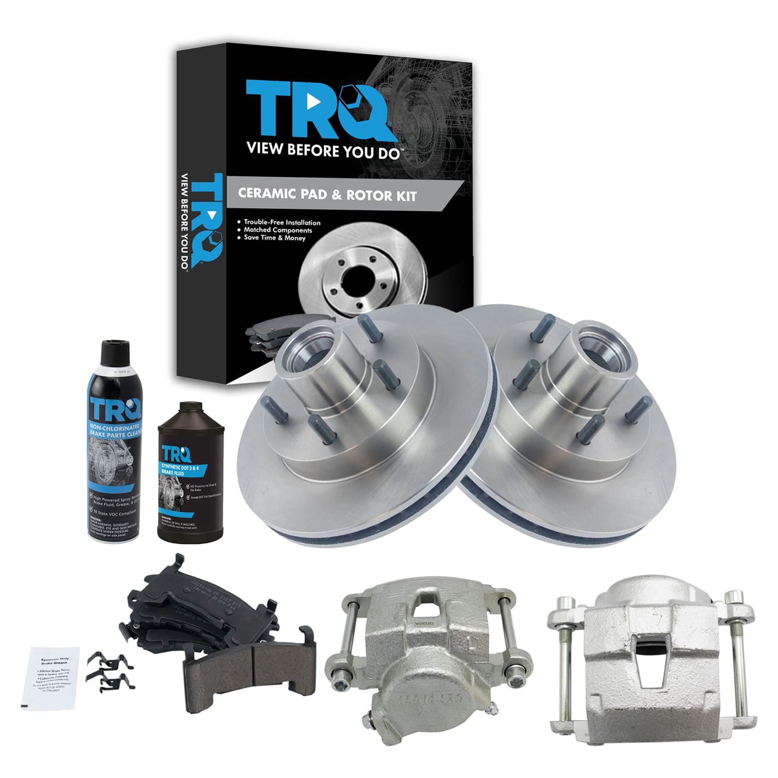 TRQ Front Ceramic Brake Pad, Rotor & Caliper Kit with High-Performance Brake Chemicals - Perfect for Sedans, SUVs and Trucks - Smooth Stopping Power for City Driving & Highway Commutes