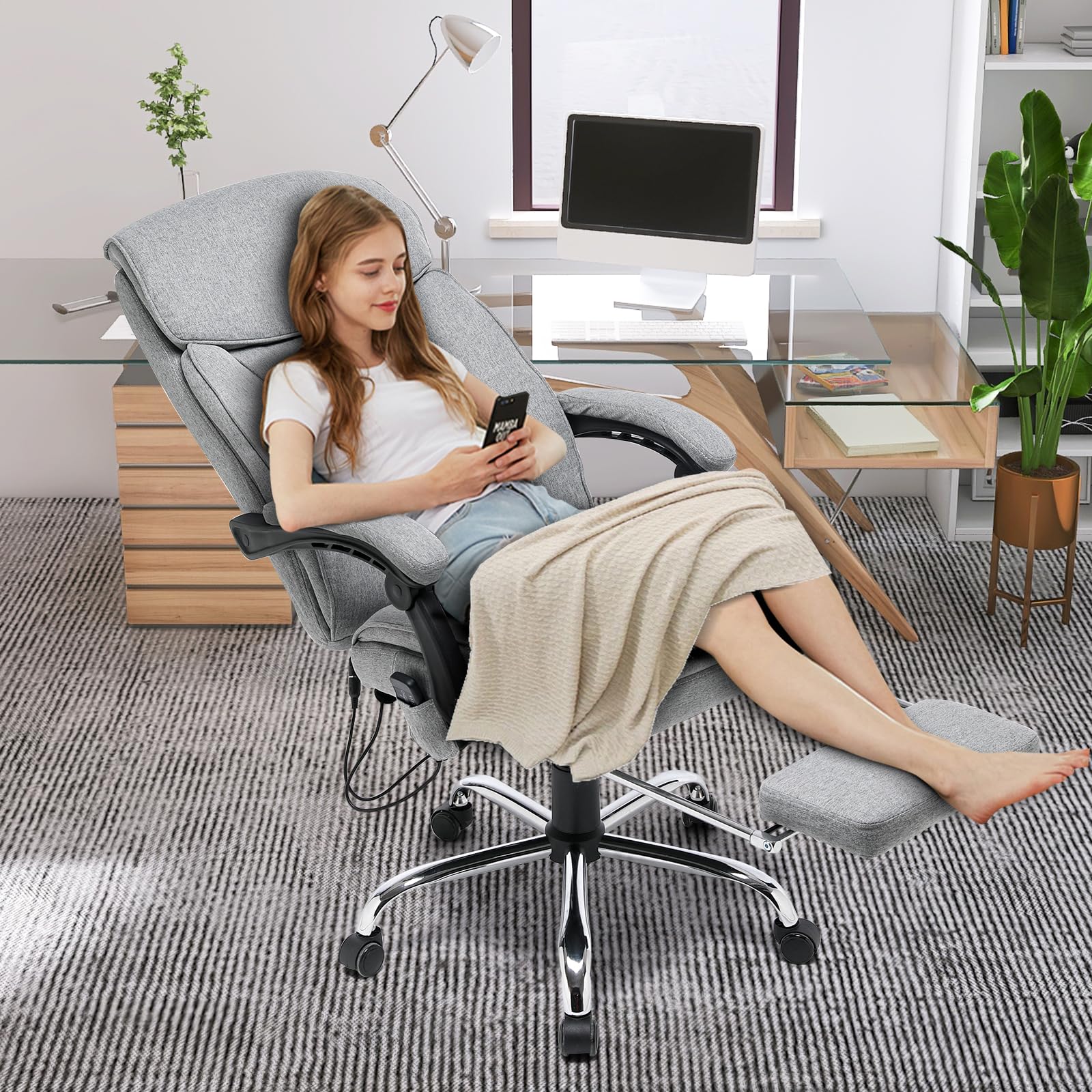 HOMREST Ergonomic Reclining Office Chair with 4-Point Massage & Retractable Footrest - Breathable Fabric High Back Executive Chair for Home Office, Gaming & Computer Work - Light Grey - Perfect for Long Work Sessions, Relaxation & Comfortable Gaming
