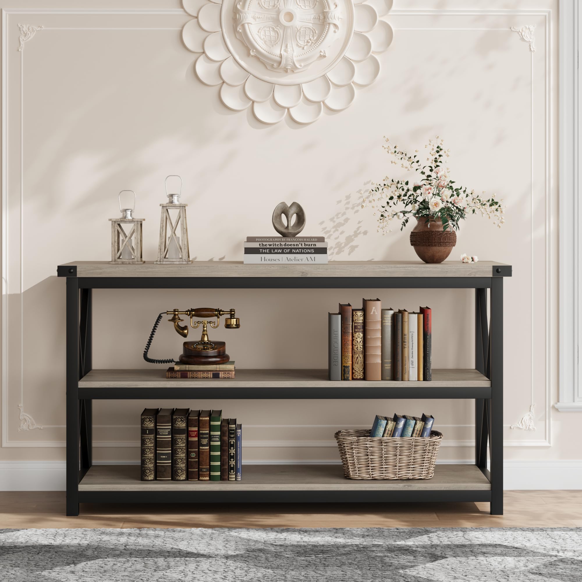 GARVEE 3-Tier Narrow Console Table with Storage Shelf - 47.2 Inch Industrial Style Entryway Table - Wood & Metal Frame for Living Room, Hallway, Foyer Decor