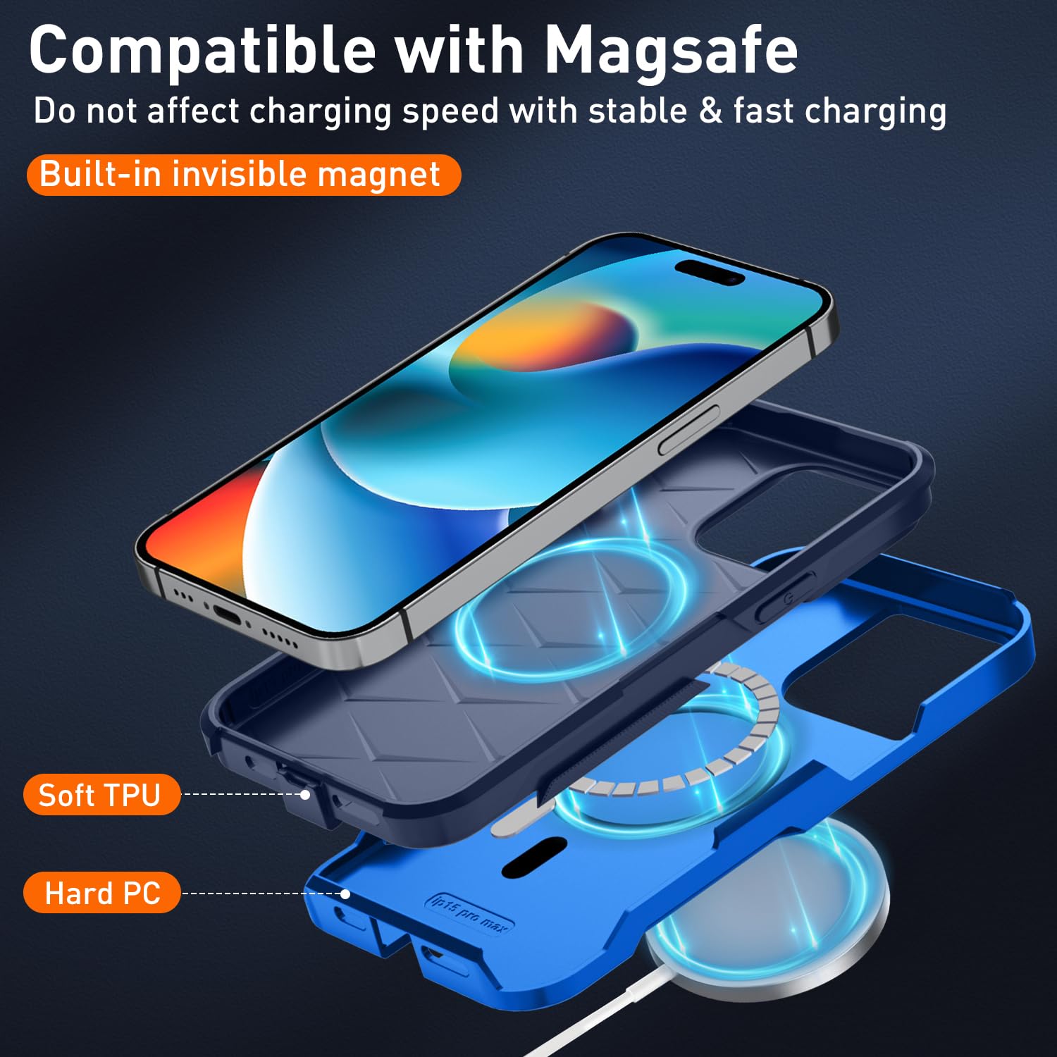 **Magnetic iPhone 15 Pro Max Case with Camera Lens Protector & Tempered Glass Screen Protector – Heavy Duty, MagSafe Compatible, 6.7