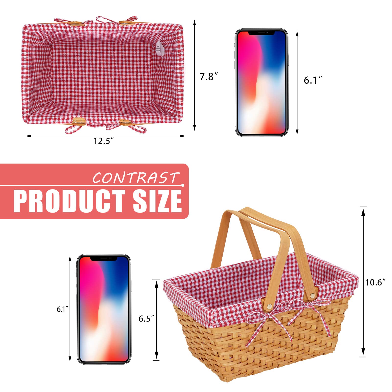 Handmade Woven Easter Baskets with 2 Folding Handles - Decorative Gift Baskets for Candy, Bread & Small Storage - Perfect for Easter Gifts, Kitchen Organization & Bathroom Toy Storage (Red)