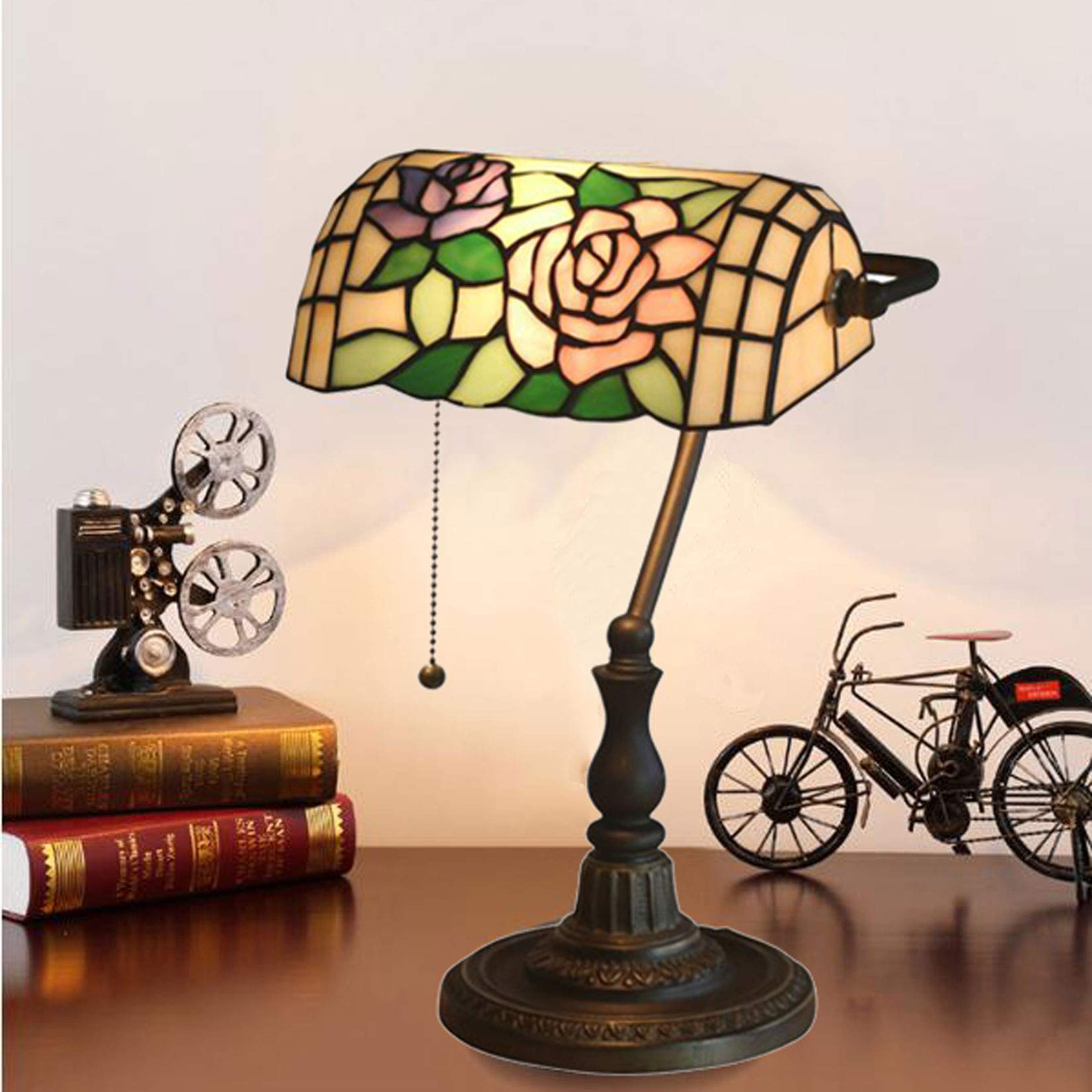 10 Inch Tiffany-Style Banker Lamp with Pink Flower Stained Glass Shade - Vintage Desk Lamp for Bedroom, Nightstand, Home Office - Perfect Gift for Housewarming, Birthday & Anniversary