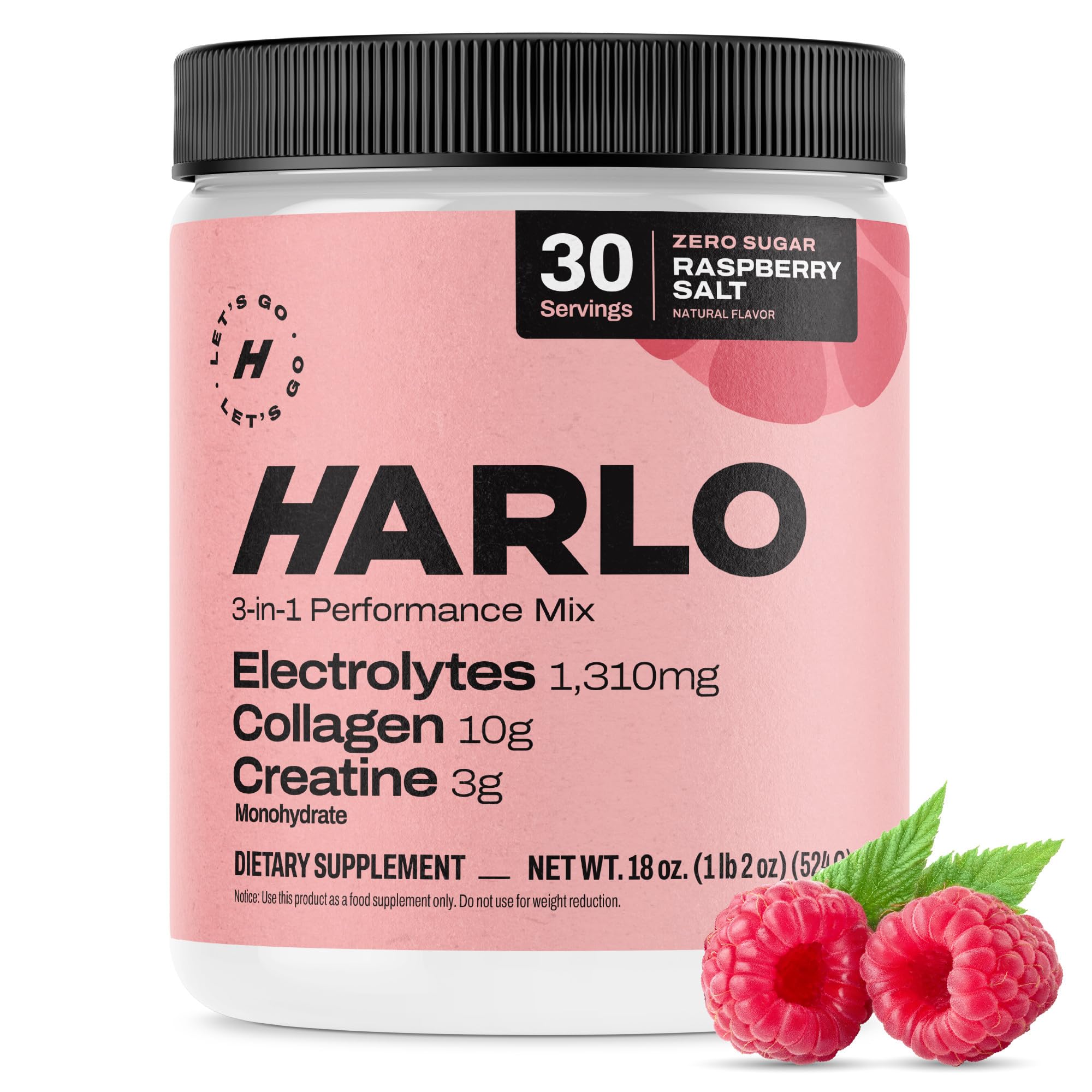 Harlo - Raspberry Salt Electrolyte Drink Mix with Bovine Collagen & Creatine Monohydrate Powder | Sugar-Free Energy & Recovery Supplement for Workout, Gym & Sports Performance | Pre & Post Workout Hydration Boost