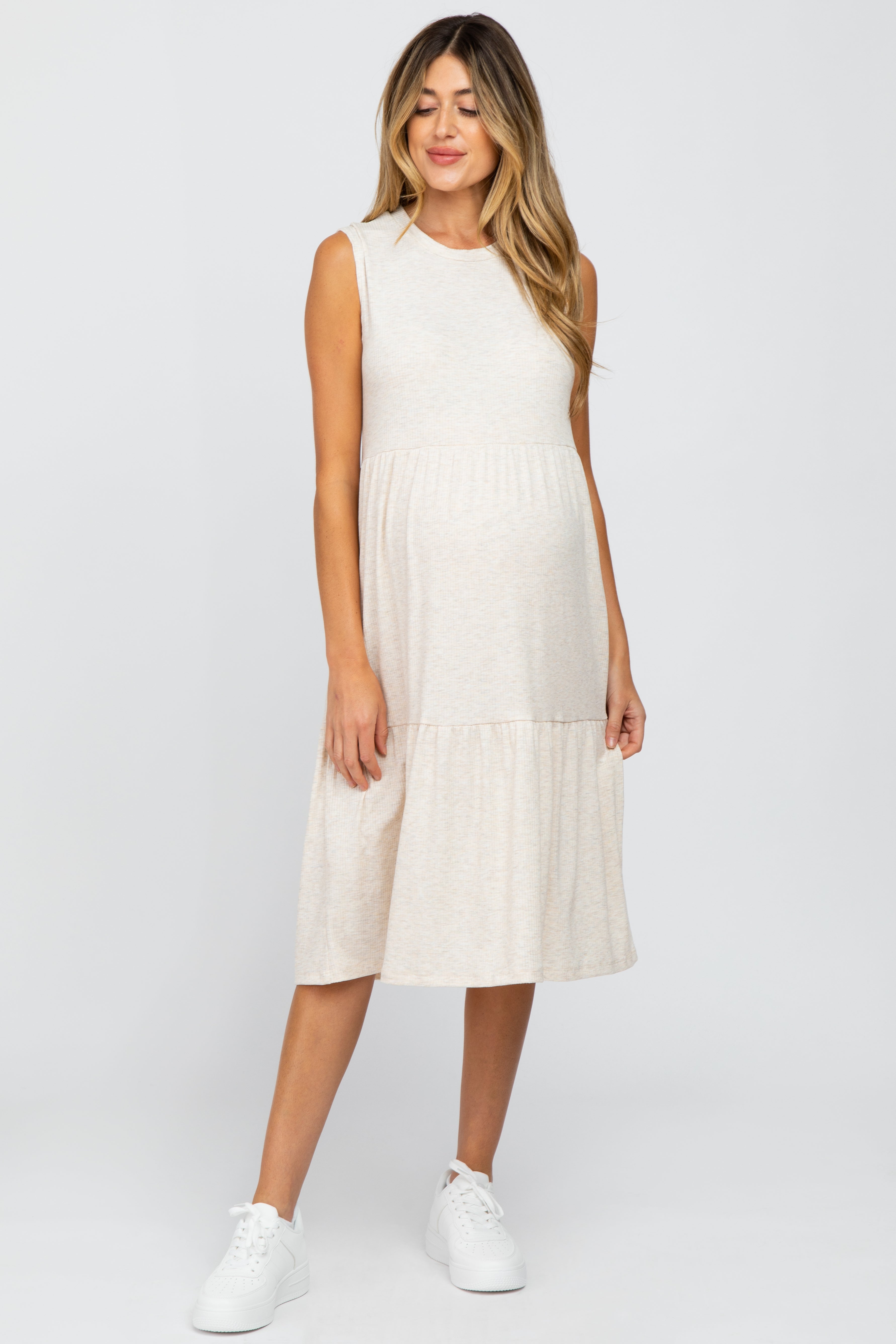 Beige Ribbed Sleeveless Maternity Midi Dress for Women - Comfortable Pregnancy Clothes for Baby Shower, Maternity Photo Shoot & Summer Outfits