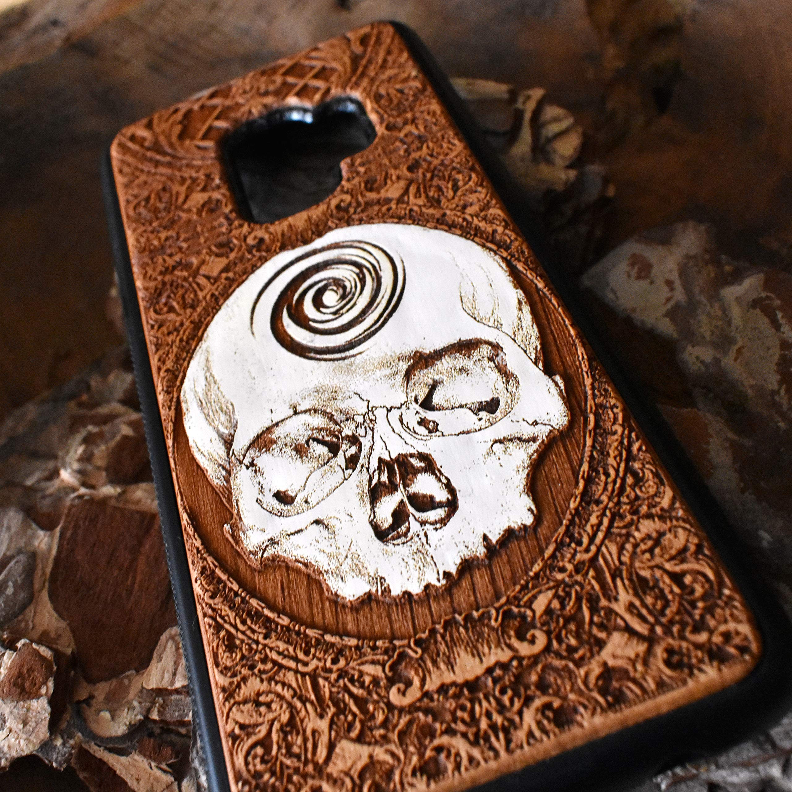 Hand-Painted Skull Laser Engraved Wooden Phone Case for iPhone 16/15/14/13/12/11 Pro Max/Mini & Galaxy S25/S24/S23/S22/S21/S20 Ultra Plus - Eco-Friendly Slim Durable Wood Cover | Perfect for Halloween, Gothic Style & Nature Lovers