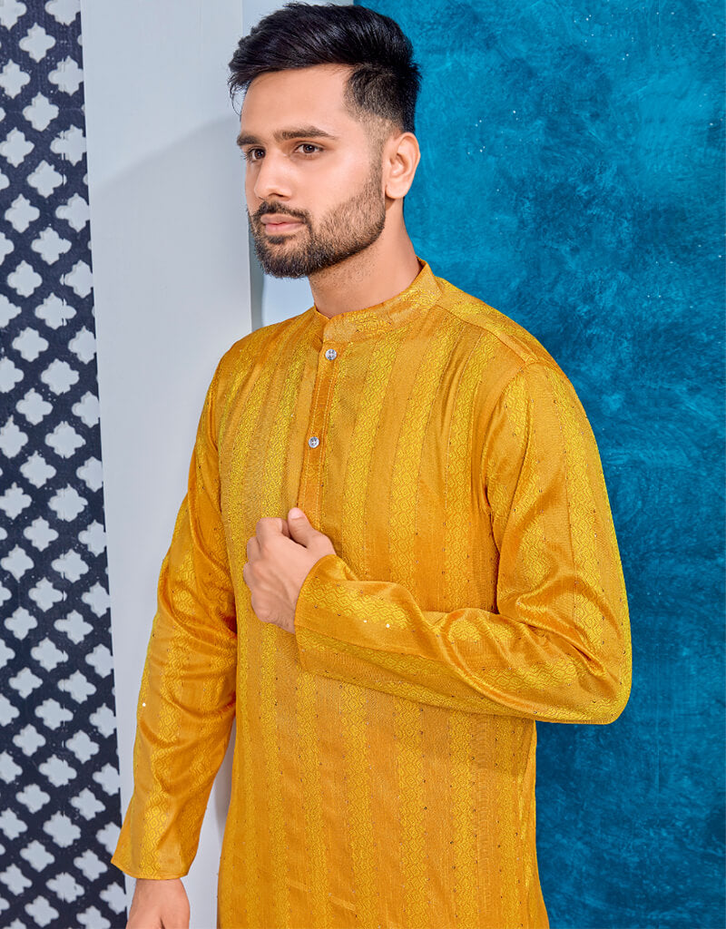 Elegant Bee Yellow Kurta with Heavy Jacquard Silk Pants - Traditional Indian Outfit for Festivals & Weddings