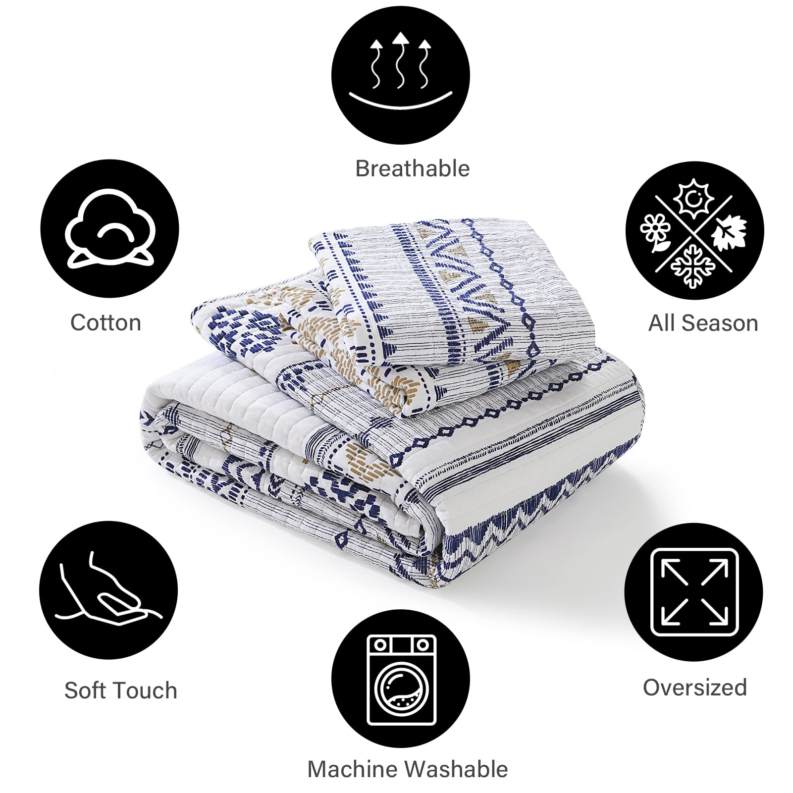 PANGUSHAN 100% Cotton King Size Bohemian Reversible Lightweight Quilt Set - White/Navy Striped Geometric Design - 3 Piece Set with Quilt & 2 Pillow Shams | Perfect for Bedroom Decor, Guest Room Styling & Cozy Home Makeover