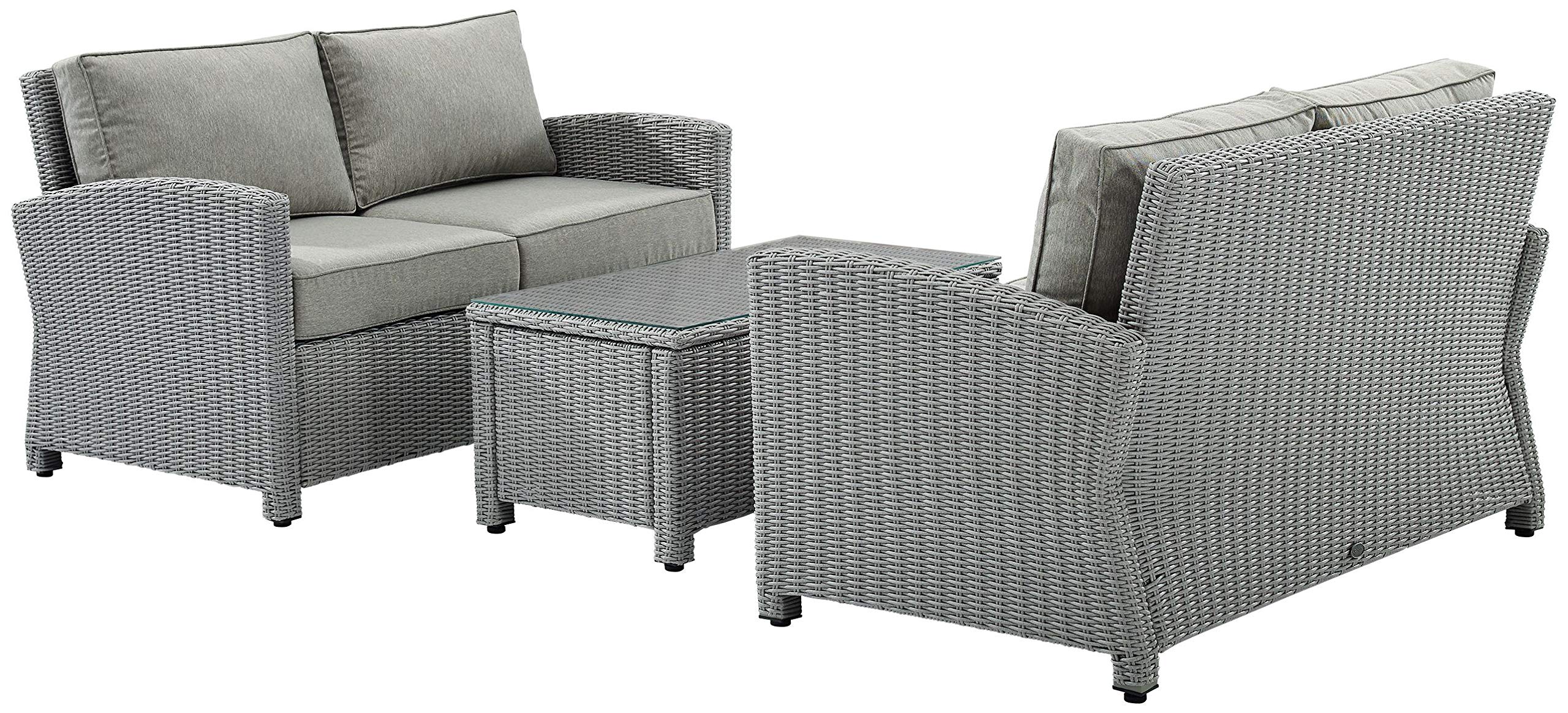 Crosley Bradenton 3-Piece Outdoor Wicker Loveseat Set with Gray Cushions - Patio Furniture Conversation Set for Porch, Garden & Backyard Relaxation