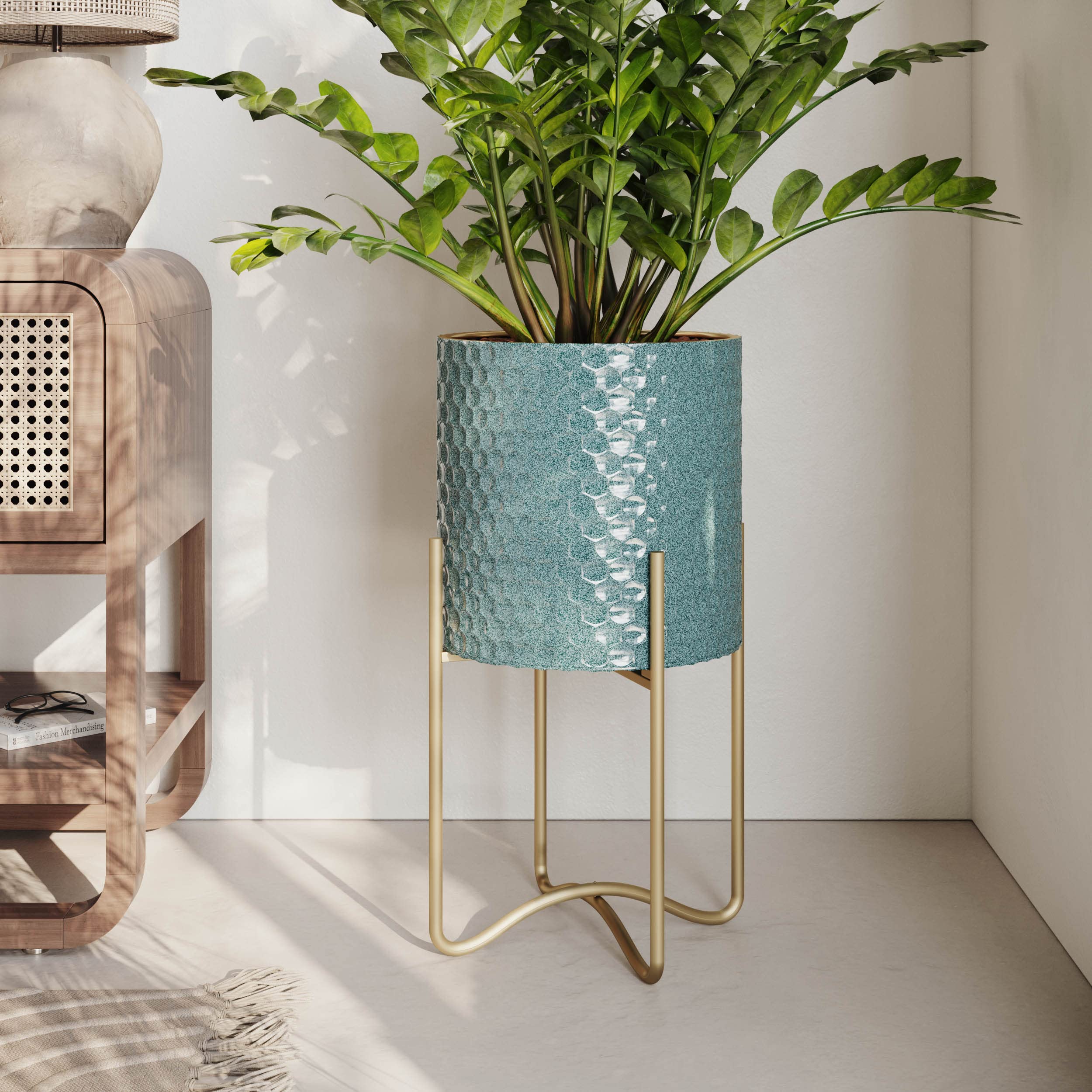 EverNest Mid-Century Modern Rhys Honeycomb Embossed Planter Pot with Ambrose Stand - Set of 3 Metal Indoor Planters in Blue Green Bohemian Style | Perfect for Home Decor, Living Room, Office & Boho Interior Design