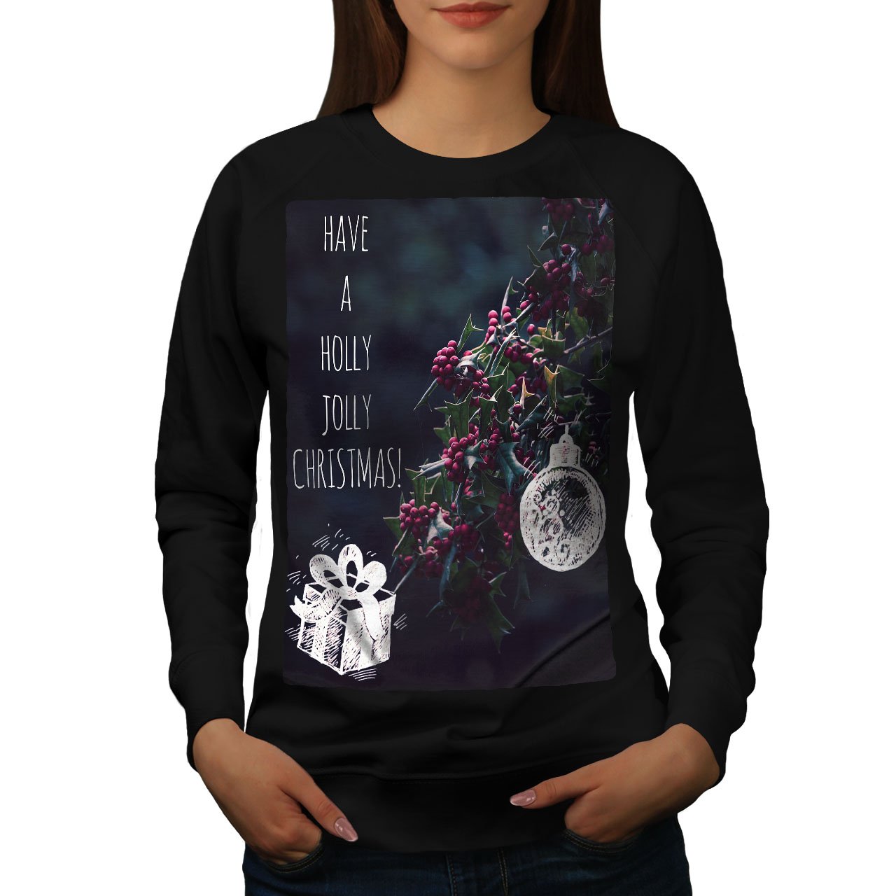 Wellcoda Women's Holly Jolly Christmas Sweatshirt - Cozy Mistletoe Pullover Jumper for Holiday Parties & Family Gatherings