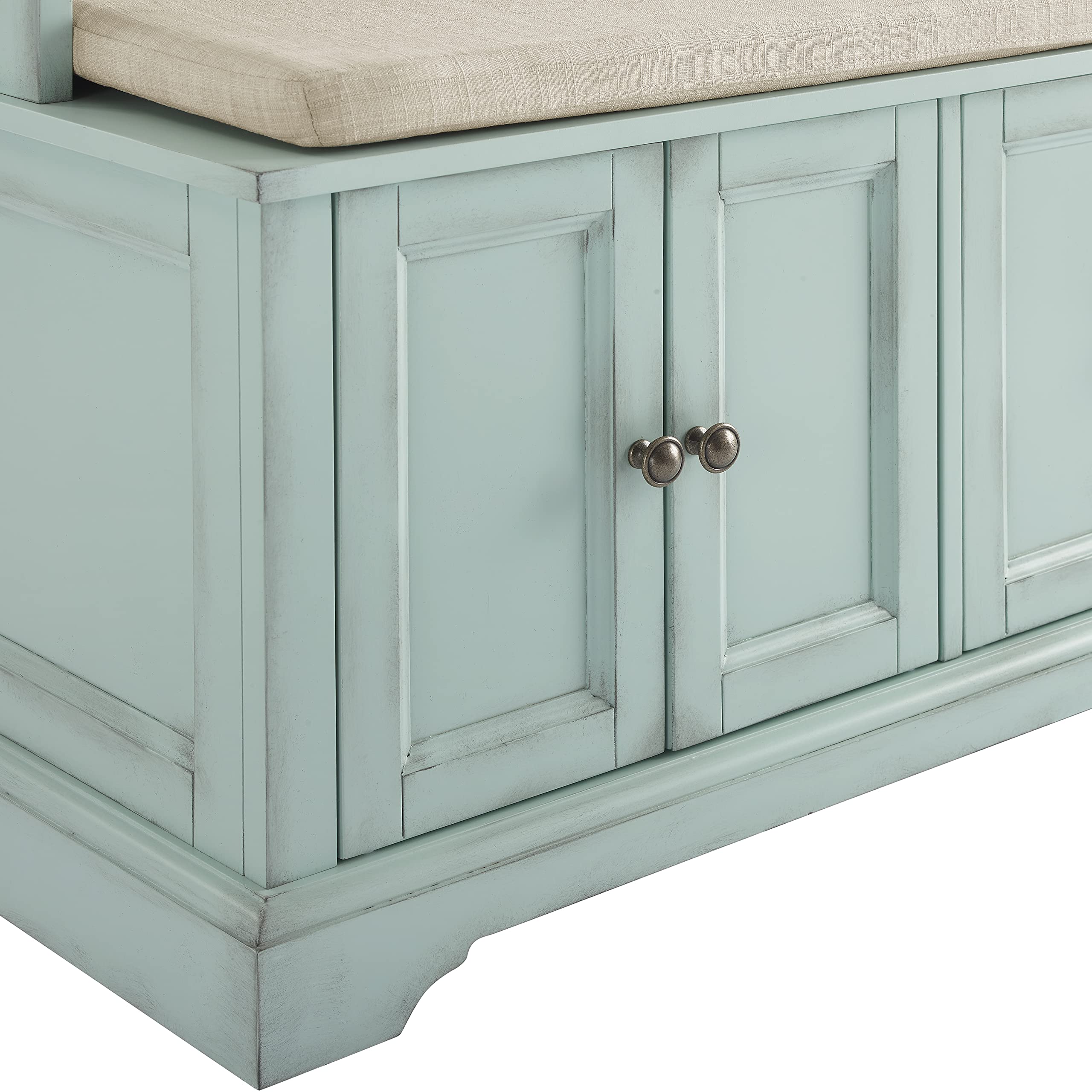 Crosley Holbrook Hall Tree with Shoe Rack, Storage Bench & Coat Hooks | Distressed Seafoam Blue Entryway Organizer | Perfect for Small Spaces, Mudrooms & Farmhouse Decor