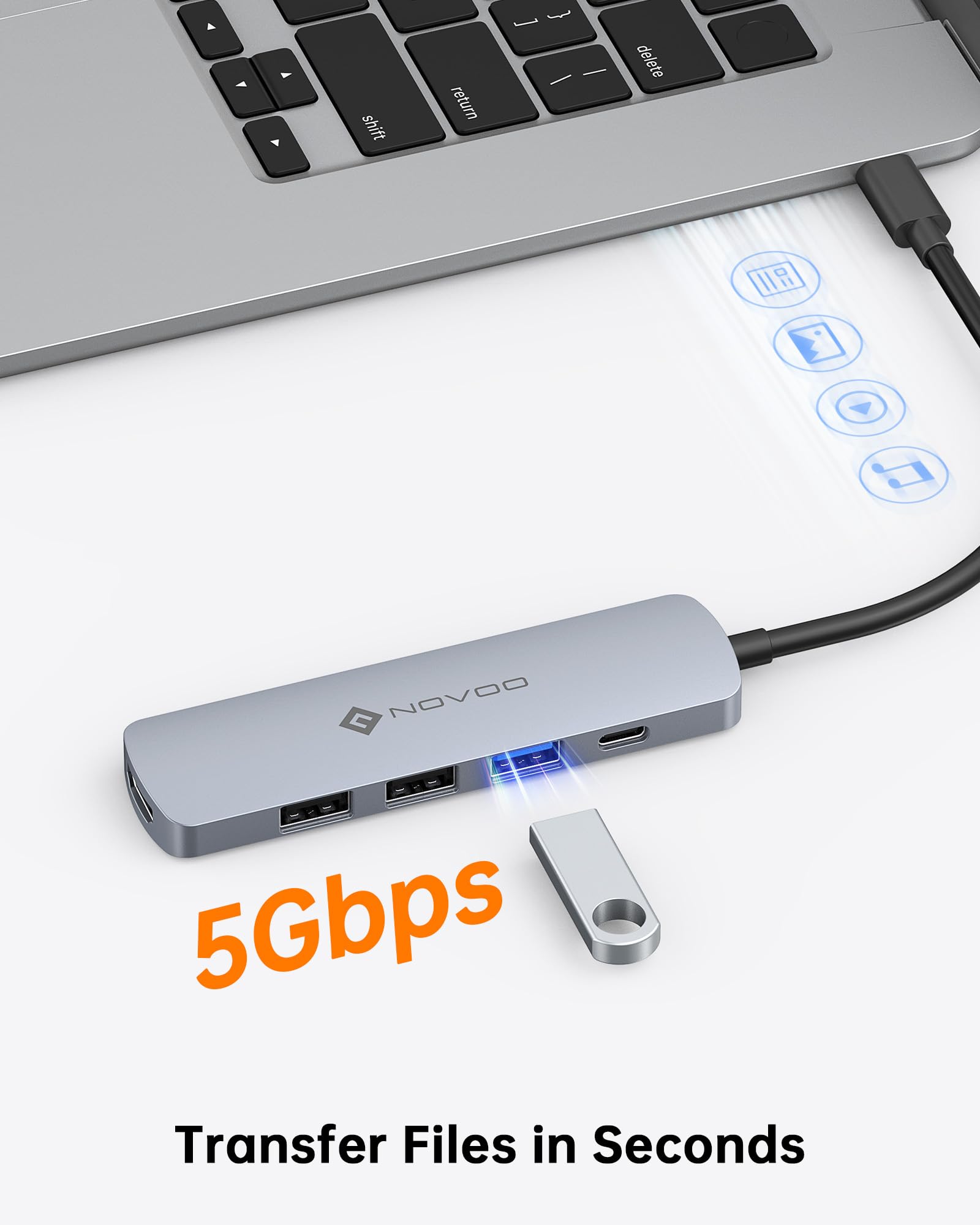 NOVOO 5-in-1 USB C Hub with 4K HDMI, 100W PD, 3 USB-A Ports - Multiport Adapter for MacBook Pro/Air, Dell XPS, Lenovo ThinkPad - Perfect for Home Office, Video Conferencing & Multi-Device Charging (Gray)