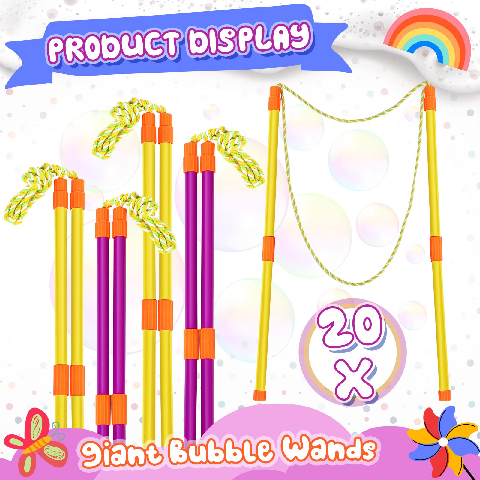 Junkin 20-Pack Giant Bubble Wands Kit - Large Bubble Maker for Outdoor Summer Fun - Perfect for Kids, Parties & Backyard Games - Boys & Girls Bubble Toy Set for Parks, Beaches & Birthday Celebrations