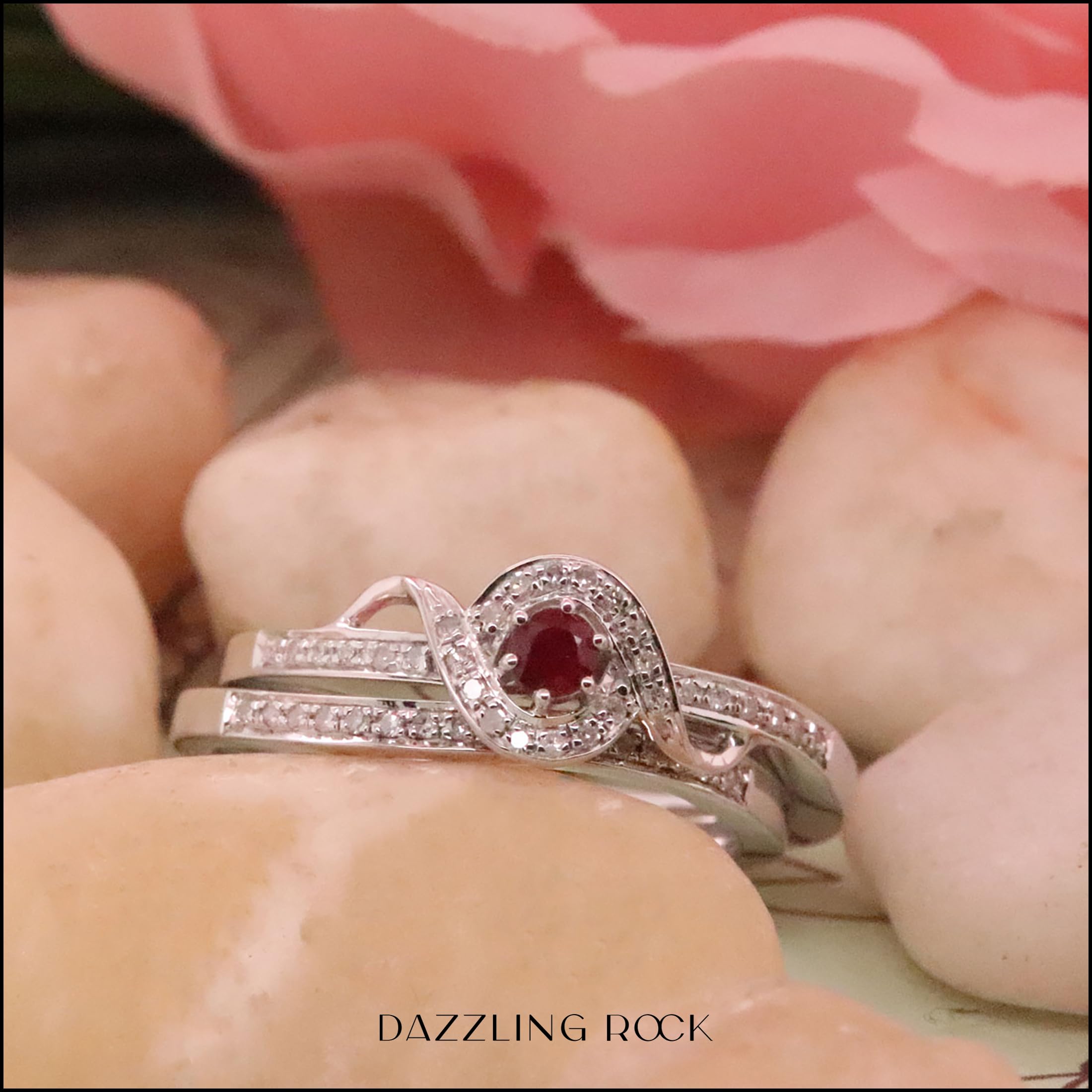 Dazzlingrock Sterling Silver Round White Diamond & Ruby Bridal Promise Ring Set for Women - Perfect for Engagement, Wedding, Anniversary & Valentine's Day Gifts