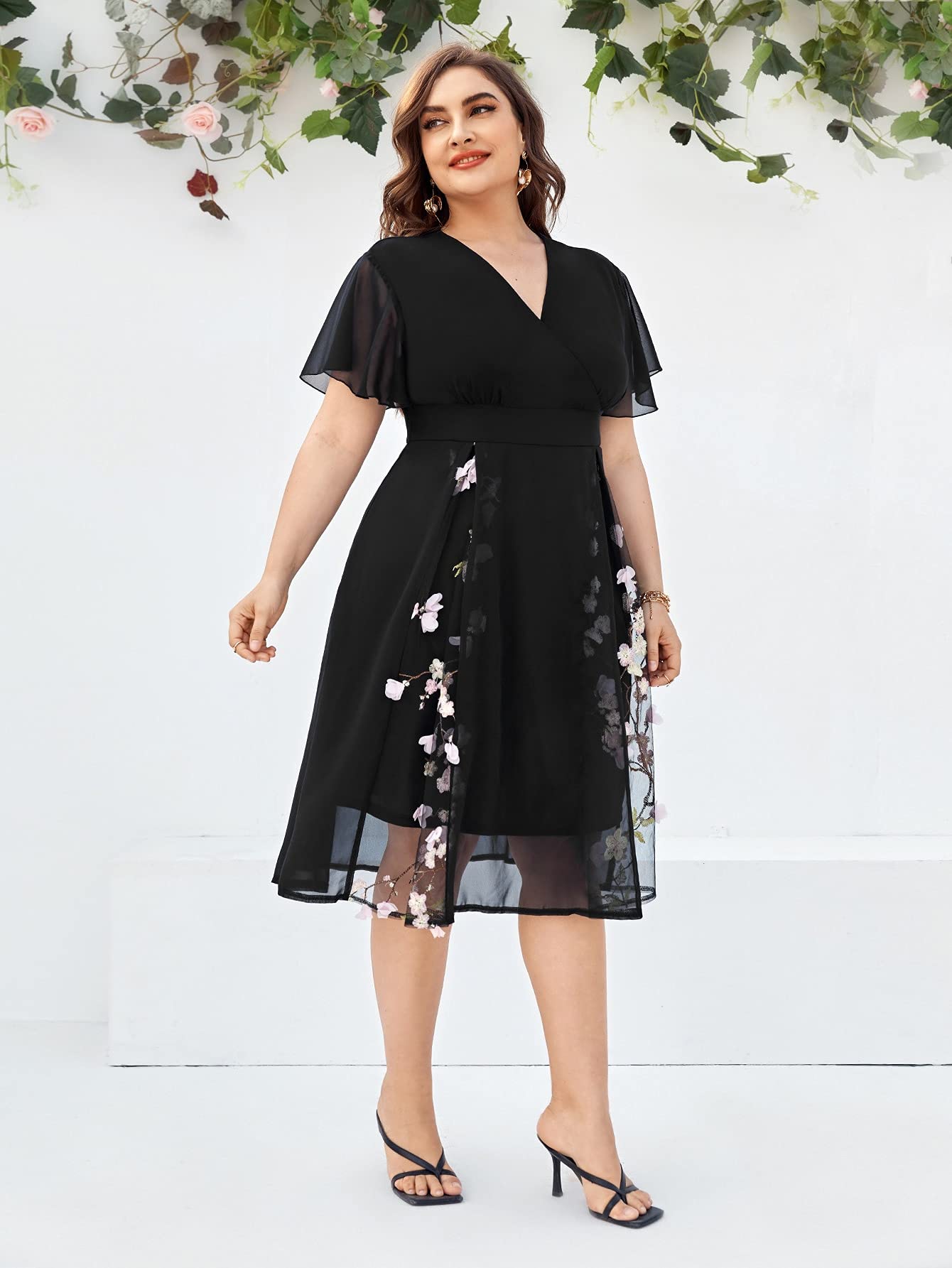 Floerns Women's Plus Size Floral Embroidery Wrap Dress - A-Line Midi Length with Mesh Short Sleeves & V-Neck | Perfect for Summer Weddings, Garden Parties & Casual Outings
