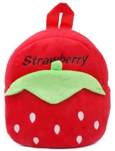 Cartoon Character Kids School Backpack - Soft Plush Fabric Backpack for Boys & Girls - Strawberry Design - Lightweight & Durable for Preschool, Kindergarten & Daycare Use