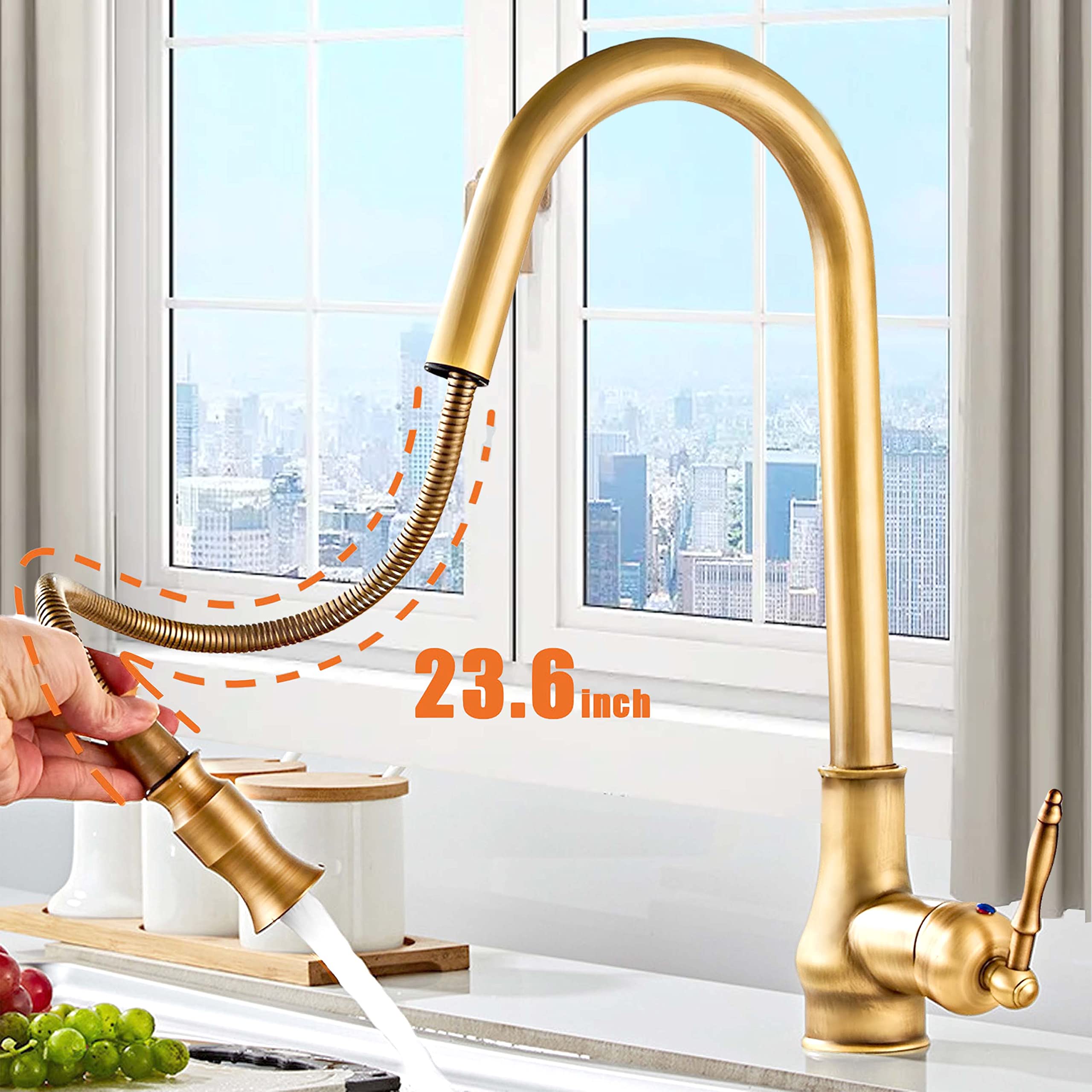 Antique Copper Single Handle Kitchen Faucet - Pull Out Pull Down Brass Faucet with Hot & Cold Mixer Hoses - Perfect for Farmhouse, Vintage, and Modern Kitchen Sinks