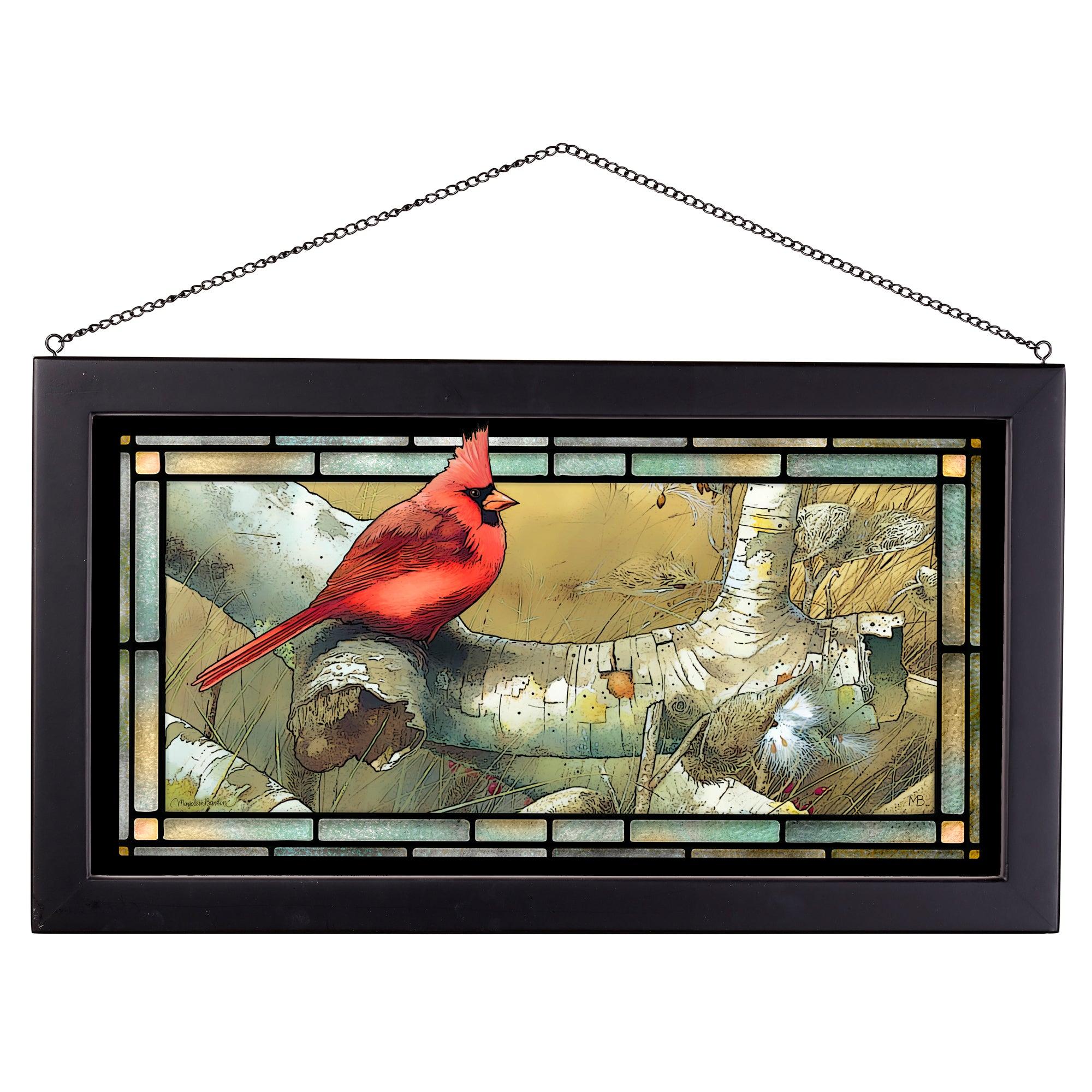 Cardinal on Sycamore 13 x 23 Stained Glass Art Panel - Beautiful Handcrafted Window Decor for Home, Church, or Office
