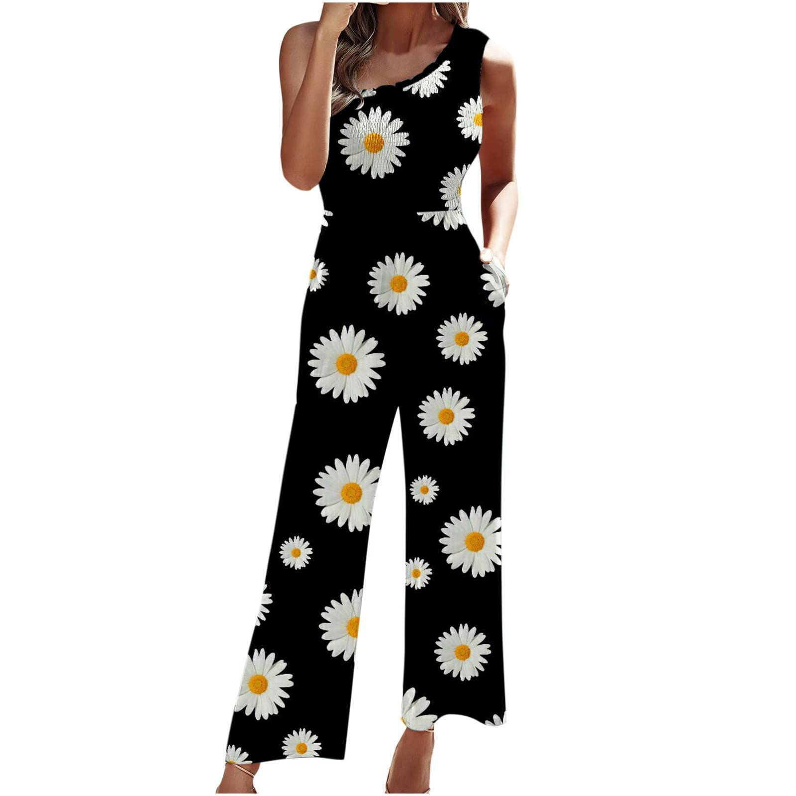 Women's Summer Jumpsuit - Slimming One Shoulder Pleated High Waist Wide Leg Pants Printed Romper | Casual Outfit for Beach, Vacation & Date Night