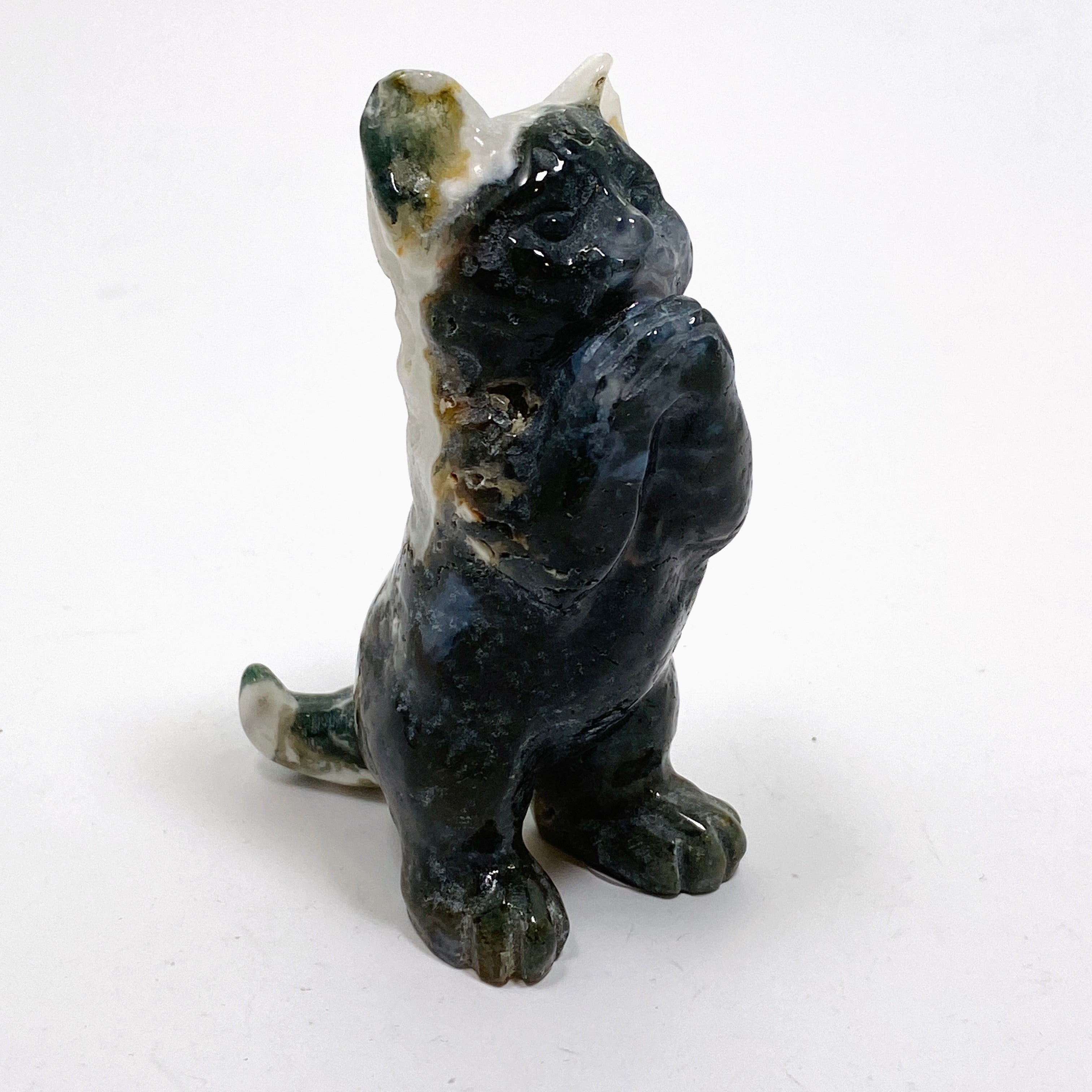 Handcrafted Moss Agate Cat Carving MAC 03 - Unique Gemstone Home Decor for Cat Lovers | Perfect for Bookshelf Display, Feng Shui Decor & Gift Giving