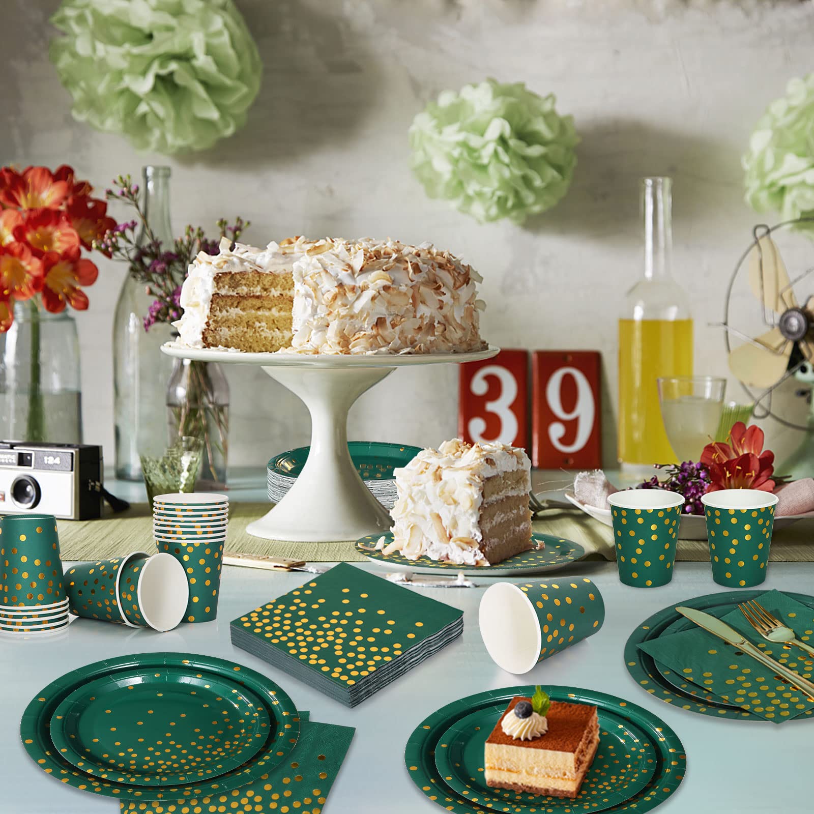 200Pcs Emerald Green & Gold Party Plates and Napkins Set - Elegant Birthday, Father's Day, Graduation Party Supplies for Weddings, Baby Showers & Holiday Celebrations