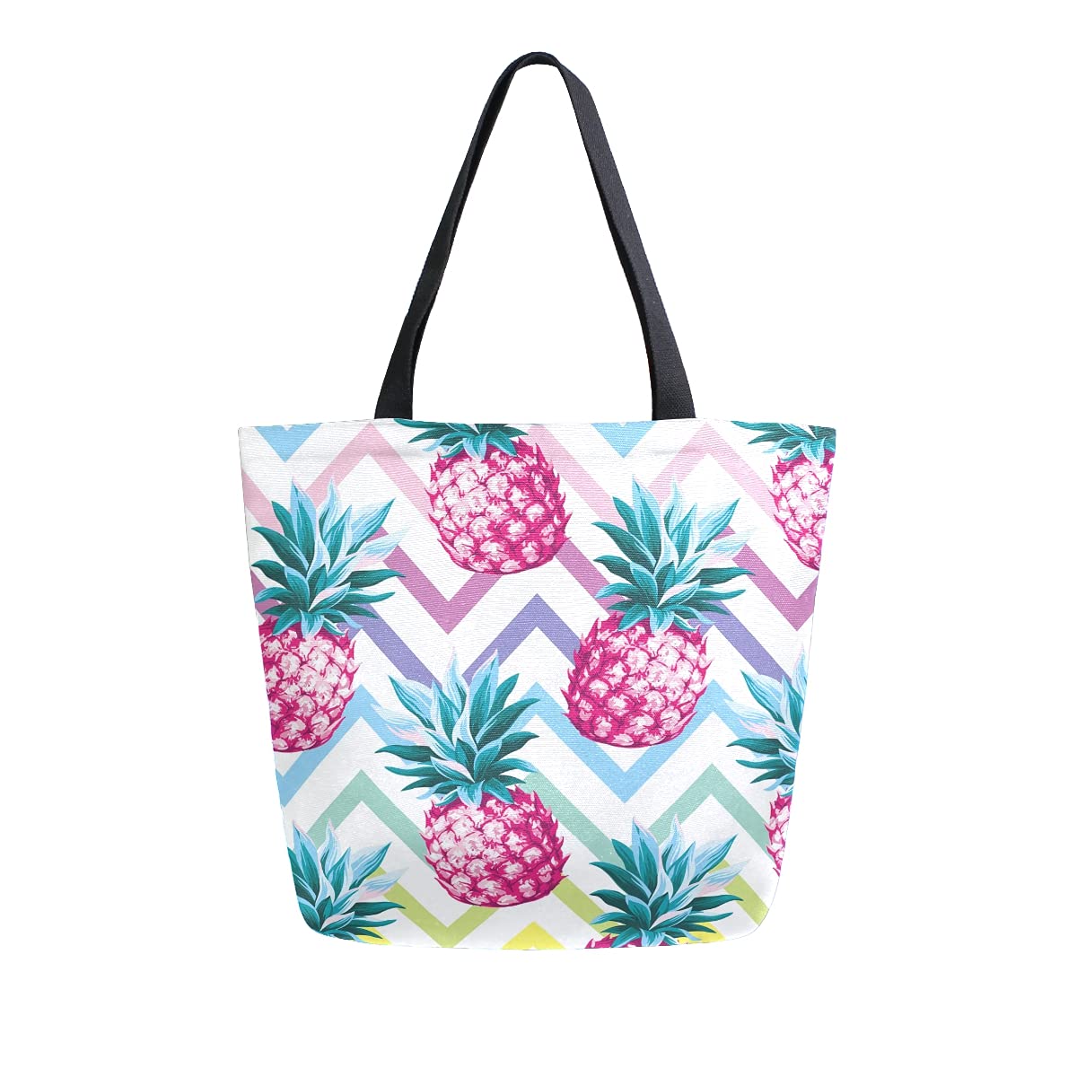 Stylish Canvas Tote Bag with Zip Pocket - Large Reversible Tropical Pineapple Print Grocery Bag for Women & Men - Perfect for Work, Travel, Shopping & Beach Outings